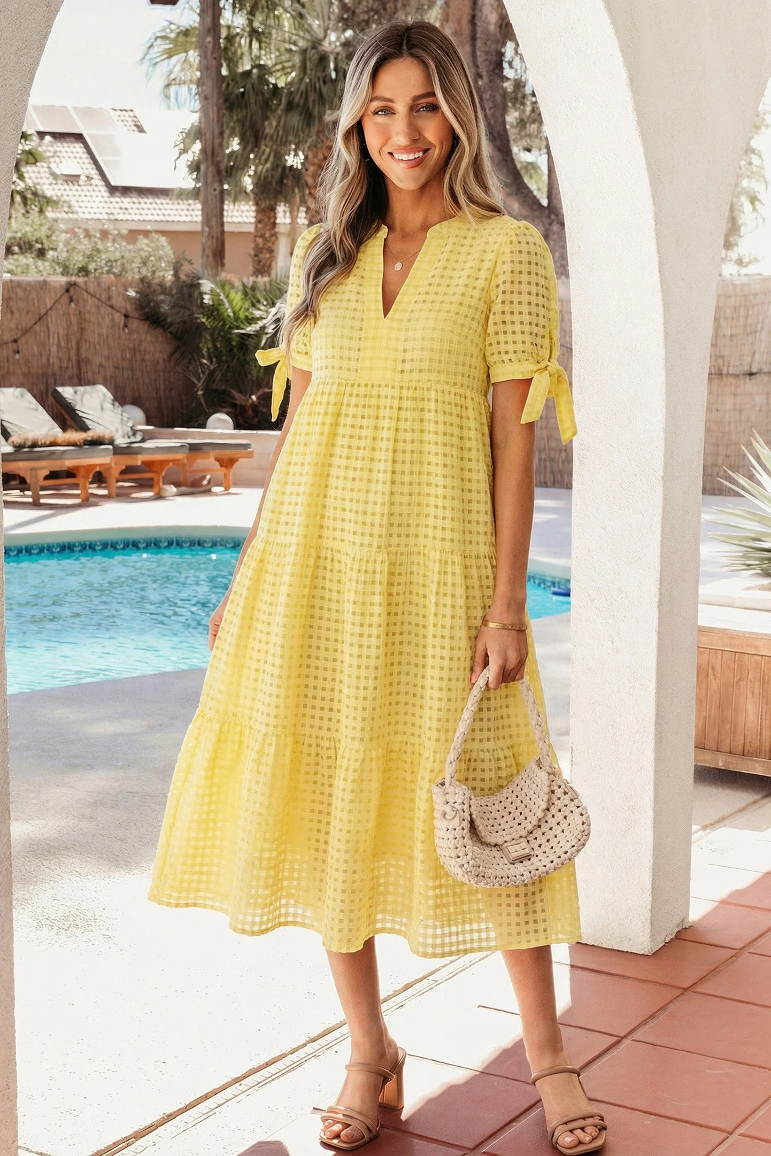 Carefully Designed Threaded Pear Skyla Sleeve Tiered Midi Dress Functional