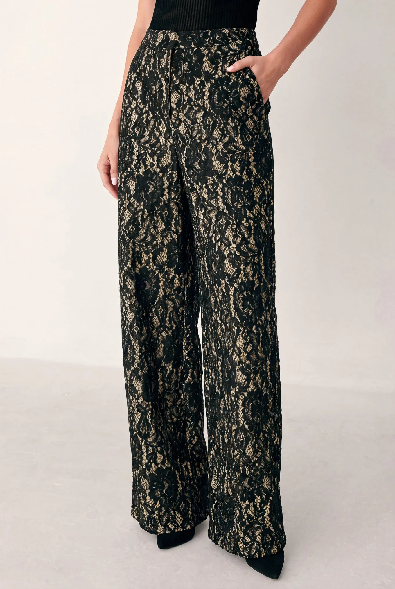Advanced Lace Theory Black camel Lace Wide-leg Pants Specialty