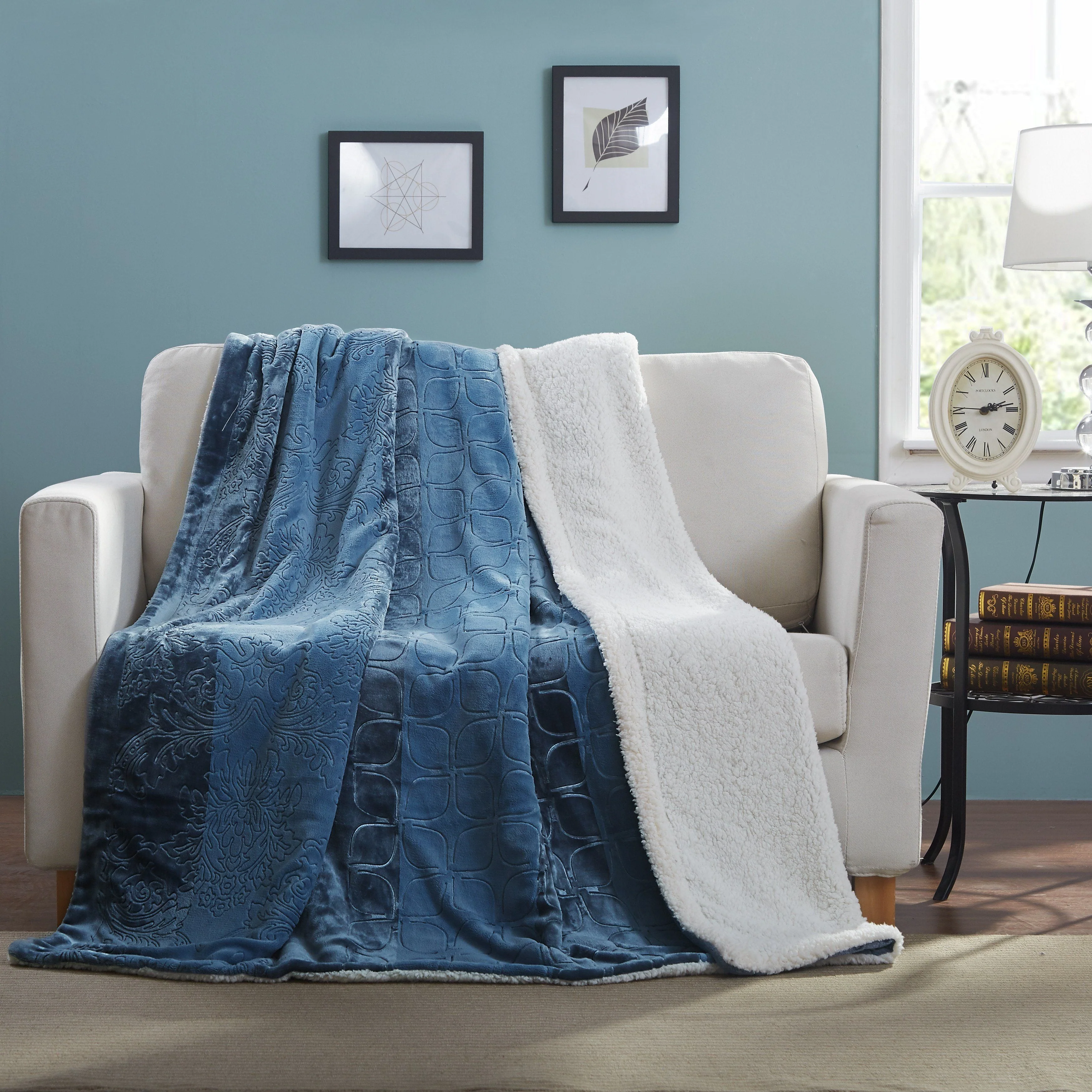 Luxury Tache Solid Embossed Rainy Day Grey Blue Sherpa Throw Blanket 62090 Relaxed