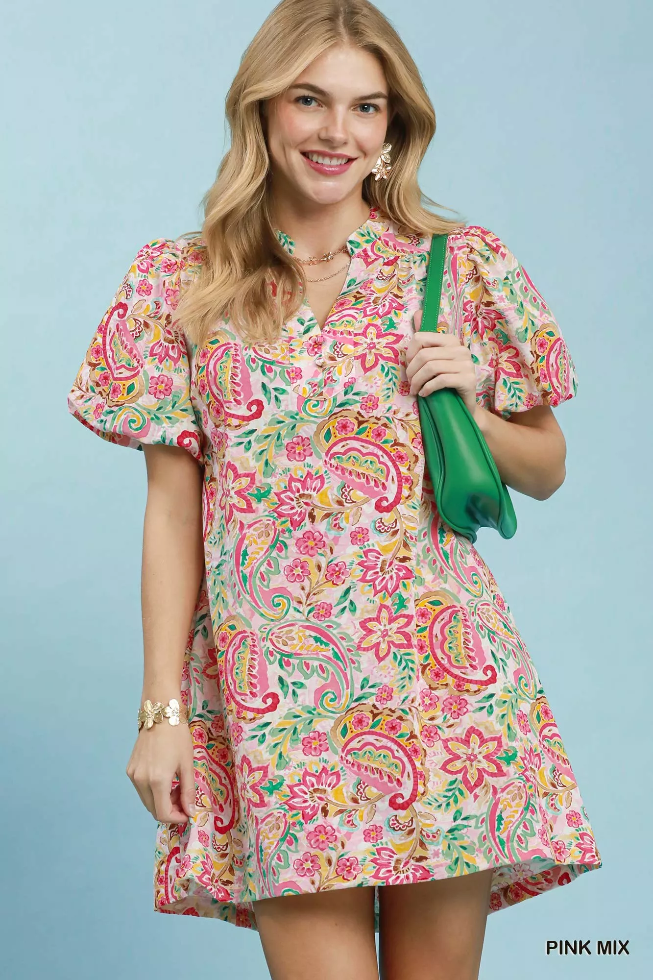 Unique DBLCLK Women's Paisley Floral Puff Sleeve Shift Dress Safe
