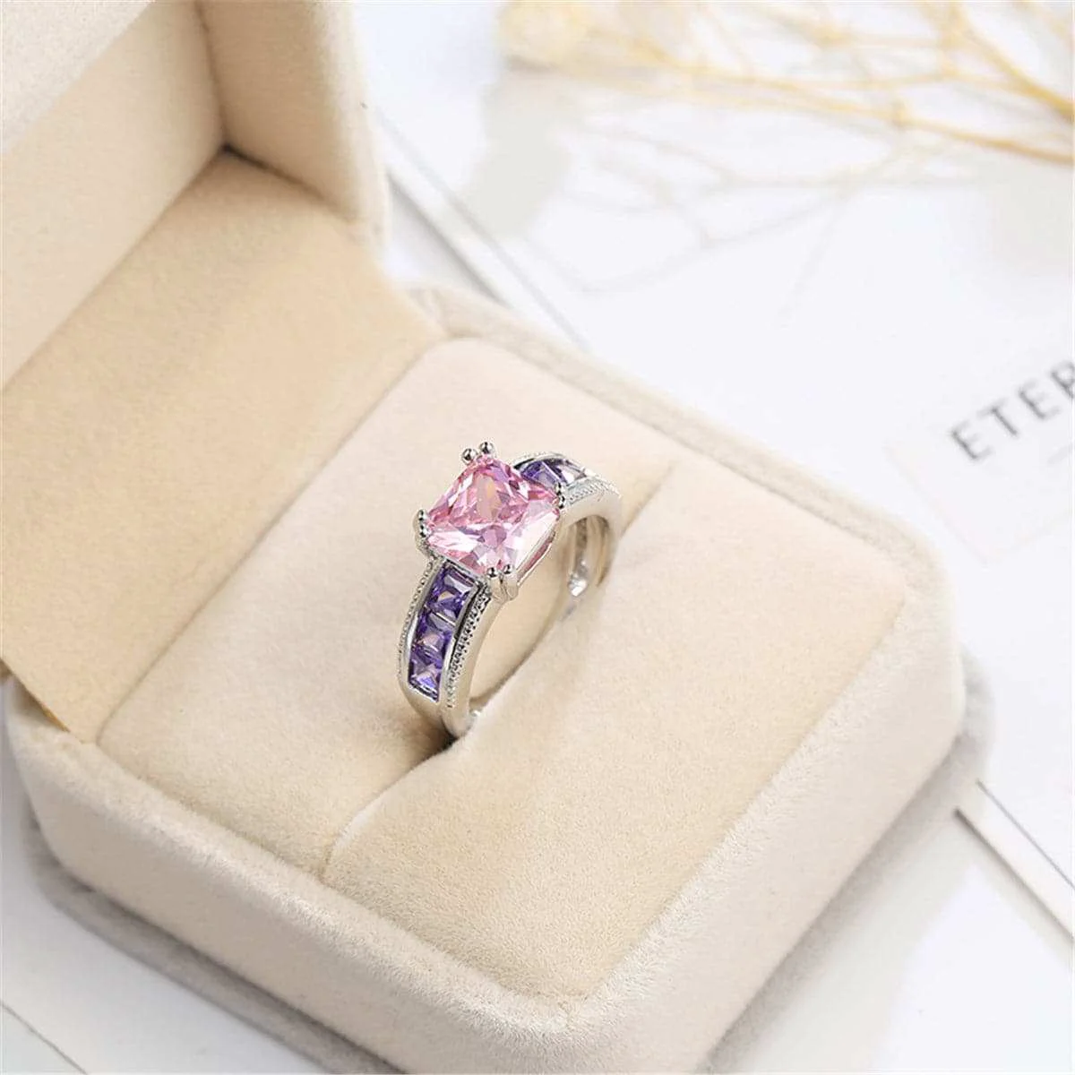 Advanced Pink Purple Crystal Silvertone Cushion-Cut Ring Sustainable