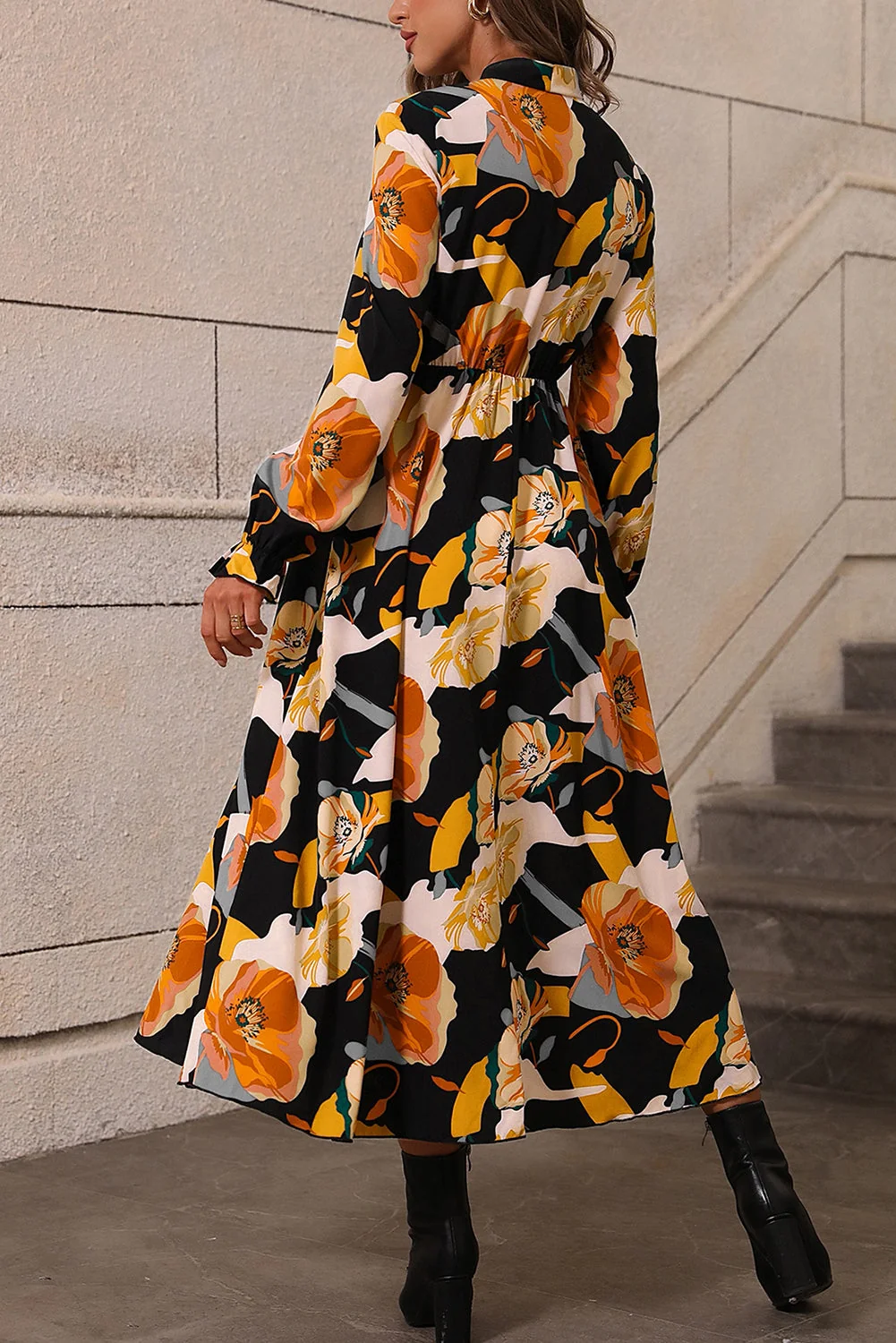 Traditional Mia-Orange Floral Print Tie Neck Long Sleeve Dress Trusted
