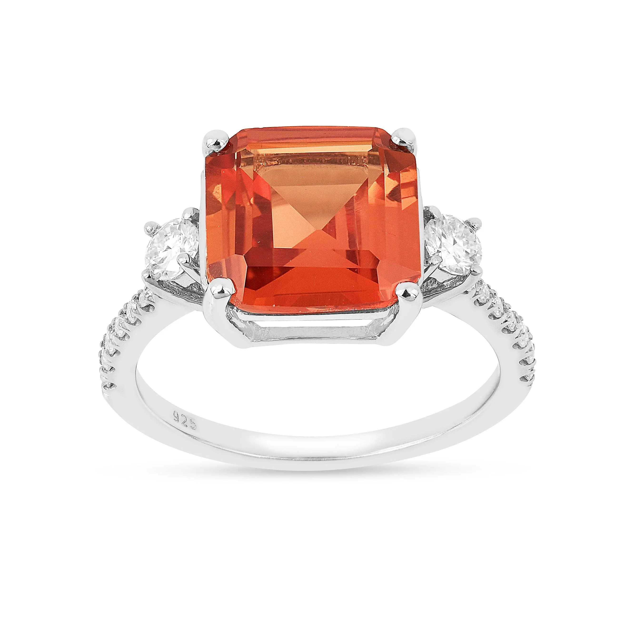 Proven 3.71 Ct Square Lab Created Peach Sapphire and Moissanite Prong Silver Three Stone Ring Verified