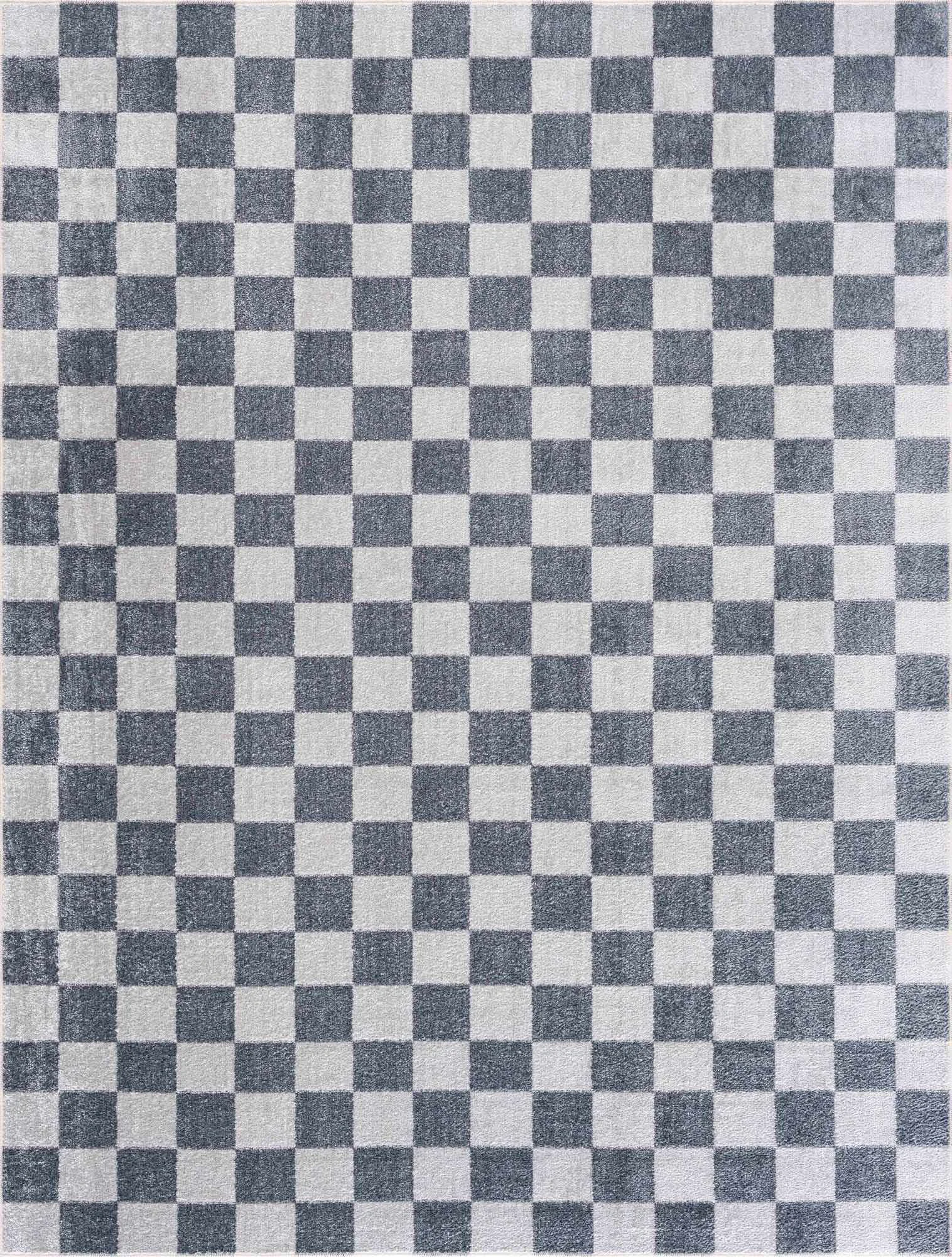 Clean Alie Blue Gray Checkered Washable Rug Comfortable