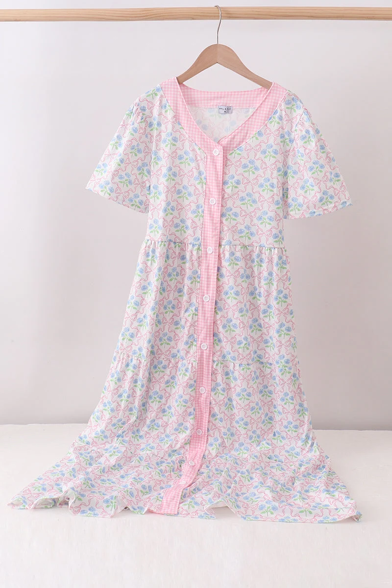 Artisan Pink hydrangea bow print tiered dress Convenient