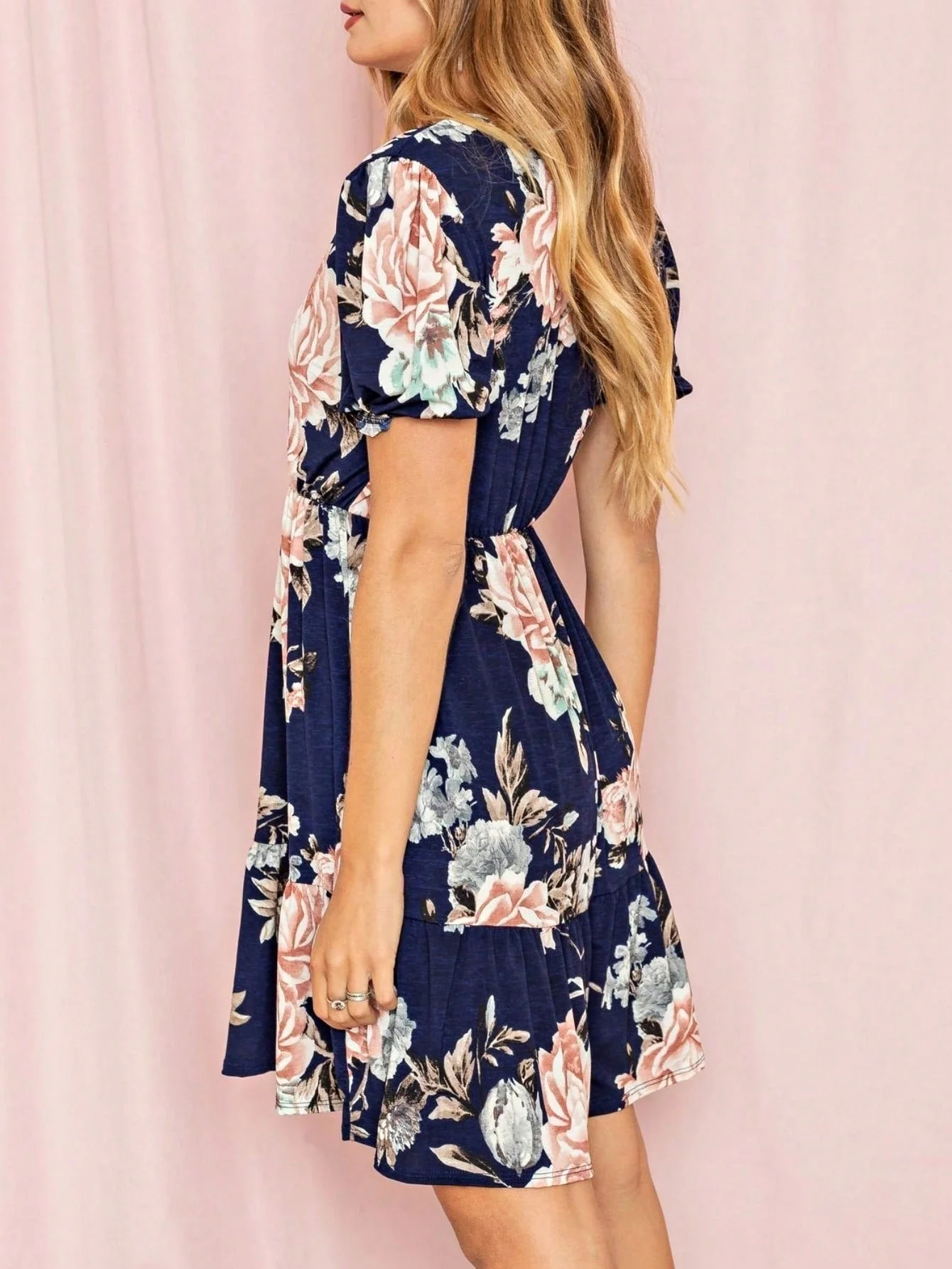 Versatile Boho Retro Sage Navy Pink Black Ditsy Floral Surplice Deep V Neck Band Waist Shirring Soft Swing Dress Small To 3 XL Plus High-Performance