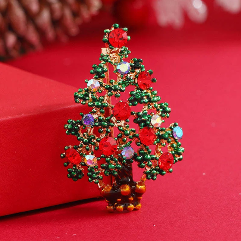 Casual Red Cubic Zirconia Goldtone Christmas Tree Brooch Secure
