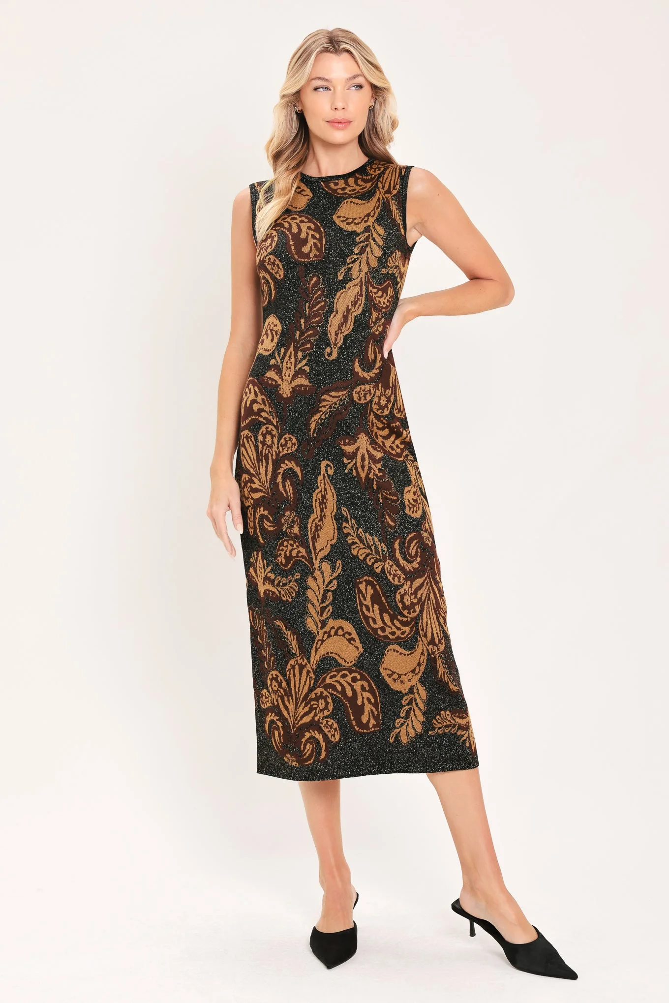 Crafted Vintage Garden Jacquard Sweater Knit Midi Dress Unique