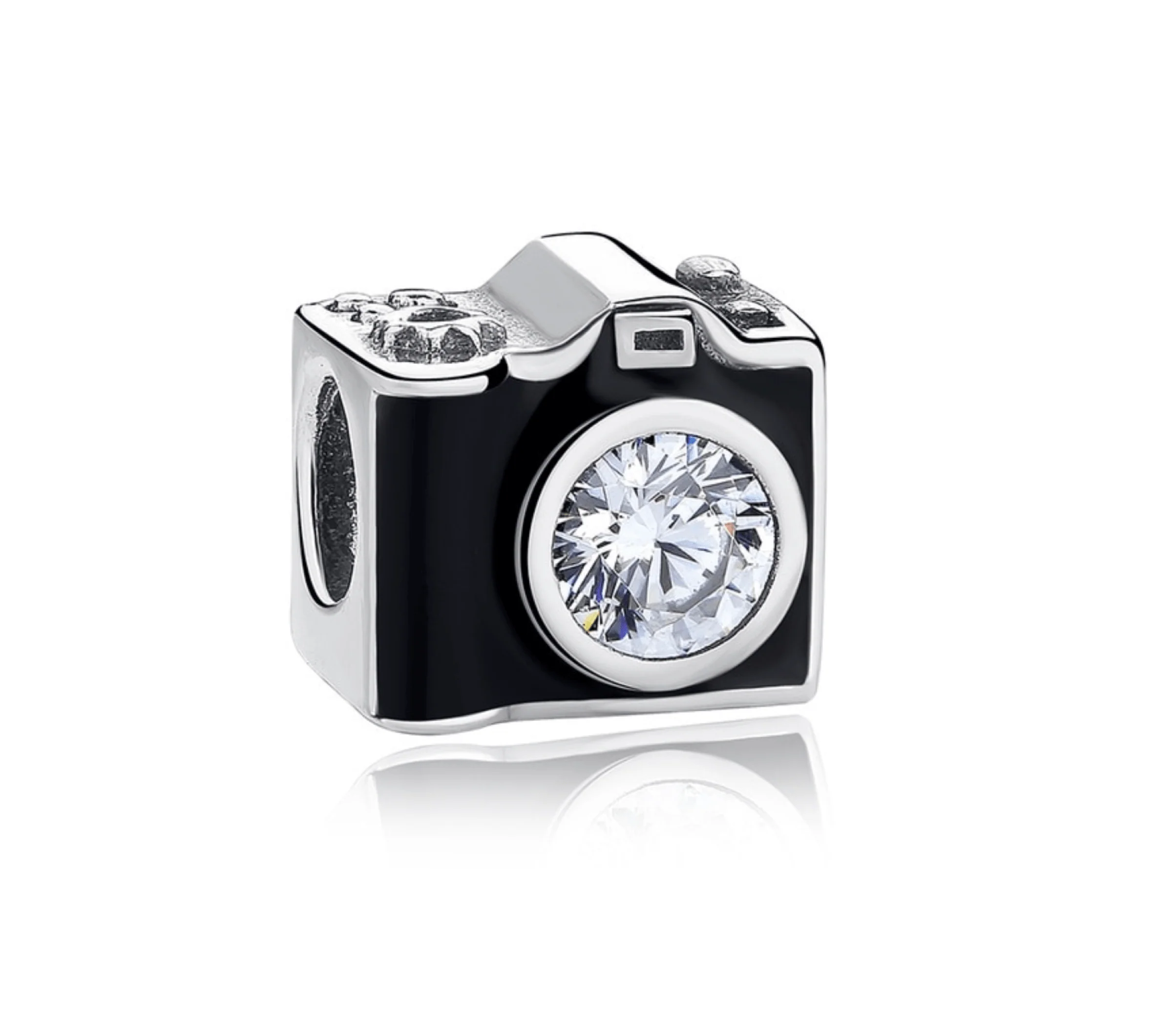 Elegant Ag Sterling Silver Black Cubic Zirconia Camera Charm Bead Powerful