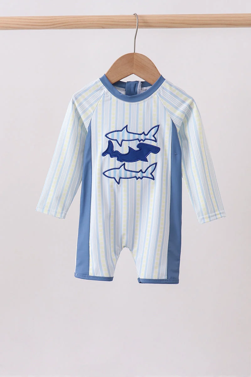 Sophisticated Blue shark applique stripe swimsuit Reliable