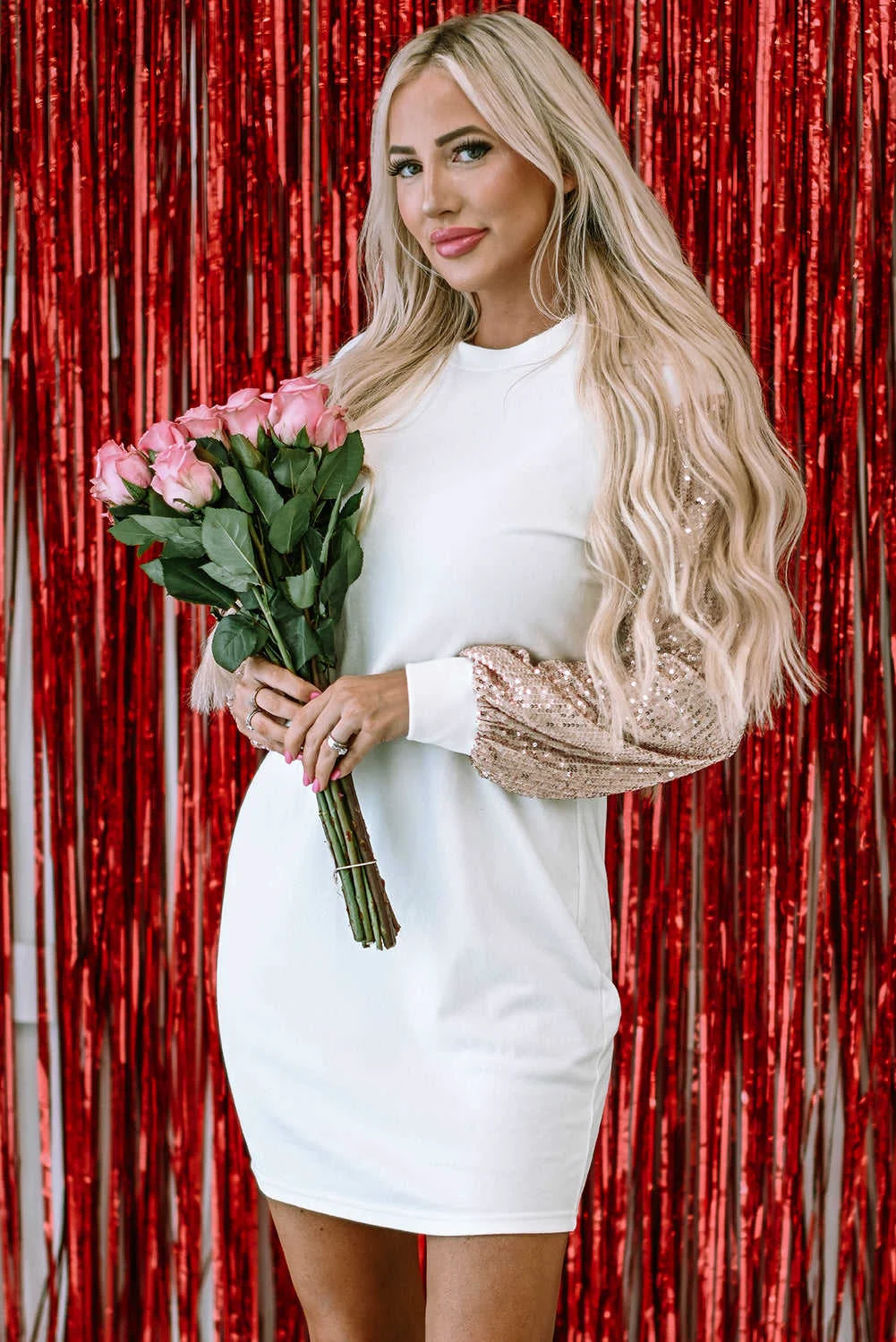 Stylish Threaded Pear Mandy Sequin Puff Sleeve Shift Mini Dress Outstanding