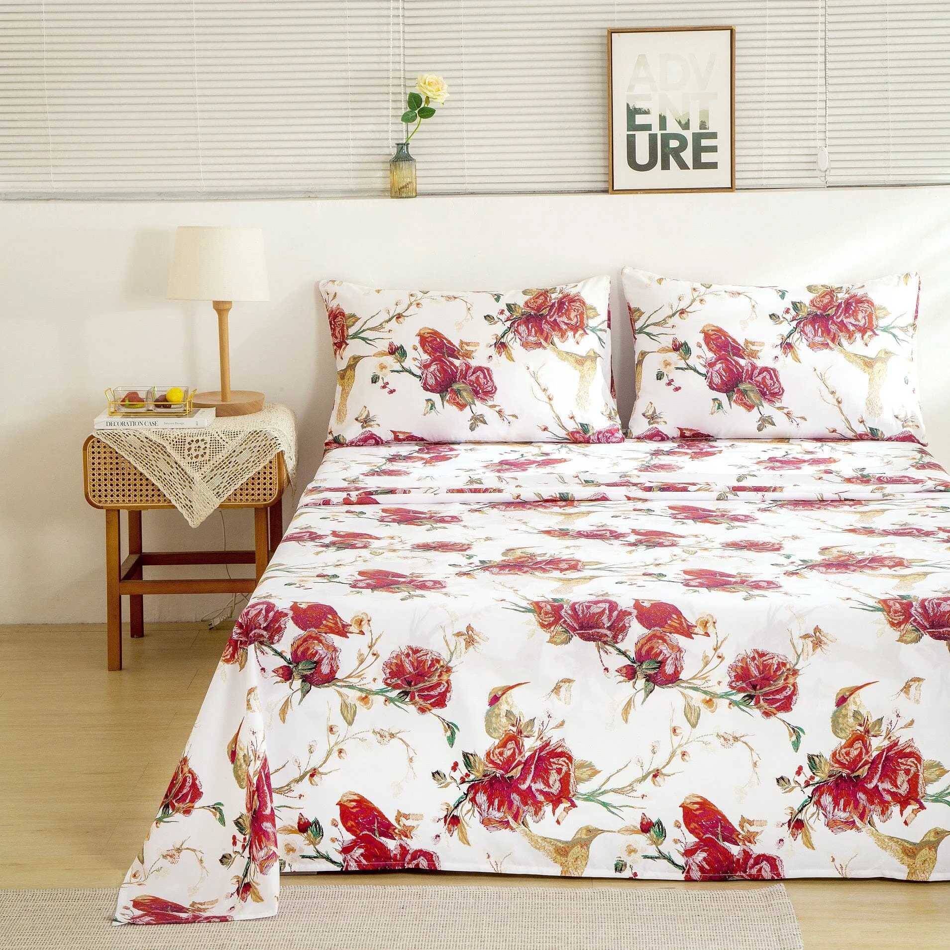 Fine Crafted Tache Floral Hummingbirds Burgundy White Vintage Rose Garden Bed Sheet Set SD-7676 Quality