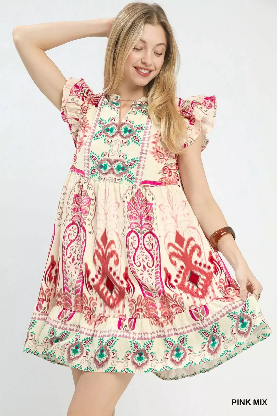 Casual Umgee Mix Ruffle Sleeve Boho Print Dress Recyclable