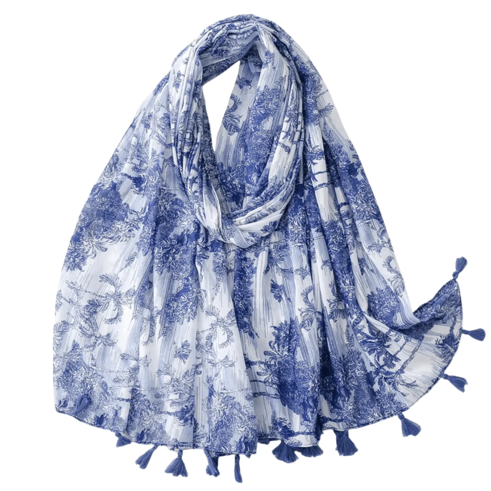 Classic Blue and White Toile Tassel Scarf Certified
