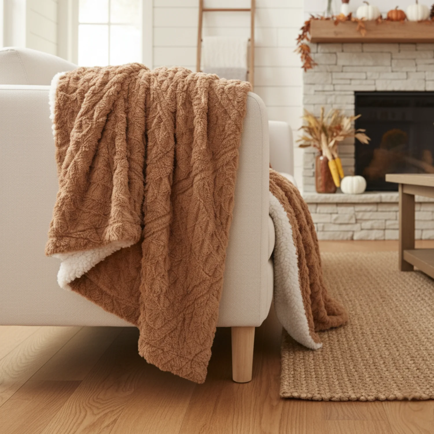 High-Performance Tache Caramel Brown Faux Fur Throw Blanket Chevron Geometric Embossed 10 Trusted
