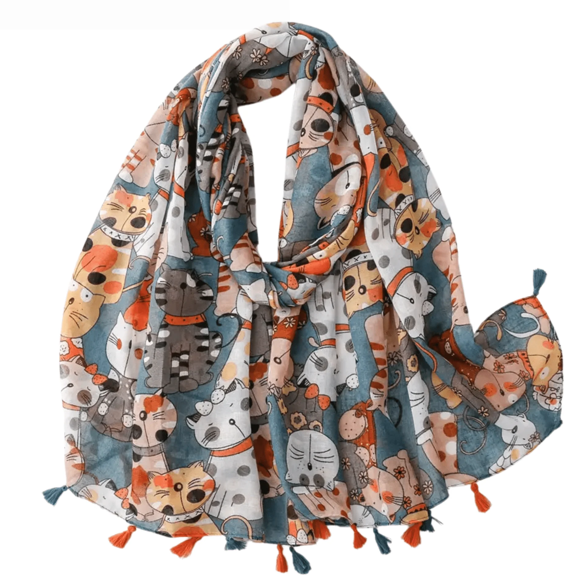 Carefully Designed Adorable Blue Cat Print Scarf with Tassels Functional