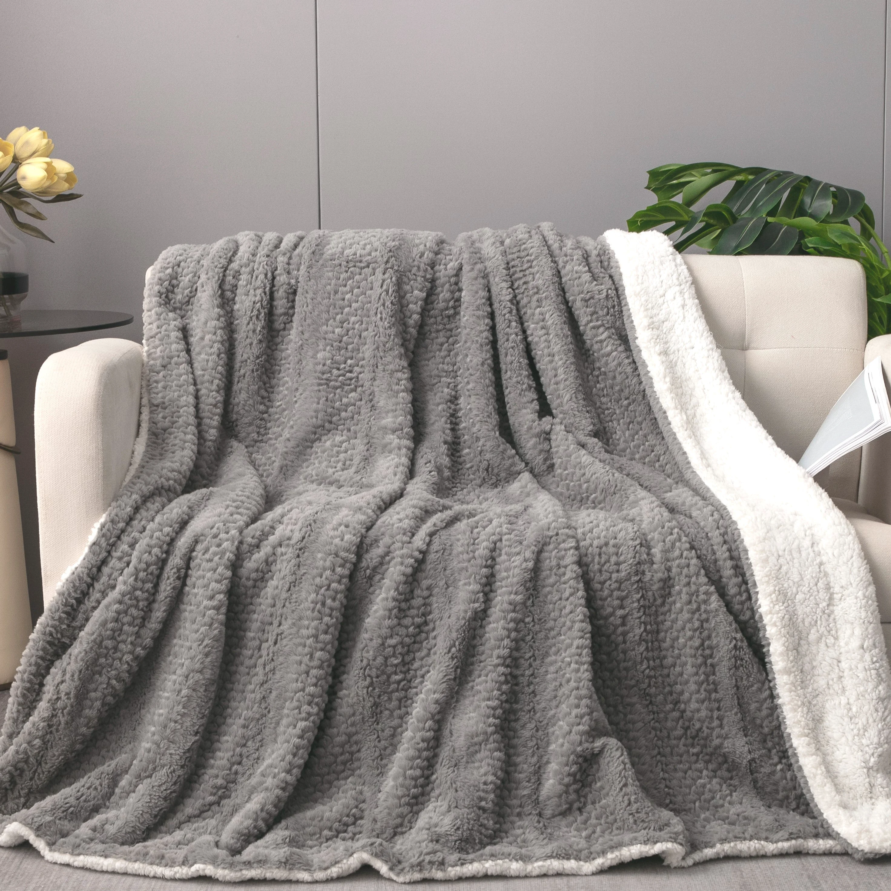 Expertly Made Tache Dark Grey Faux Fur Throw Blanket Bubble Textured Striped Embossed 11 Clean