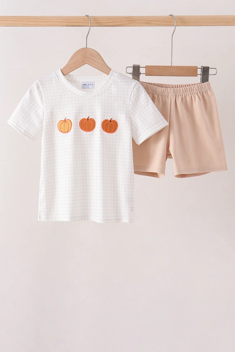 Classic Khaki Pumpkin Embroidery Shorts Set First-Class