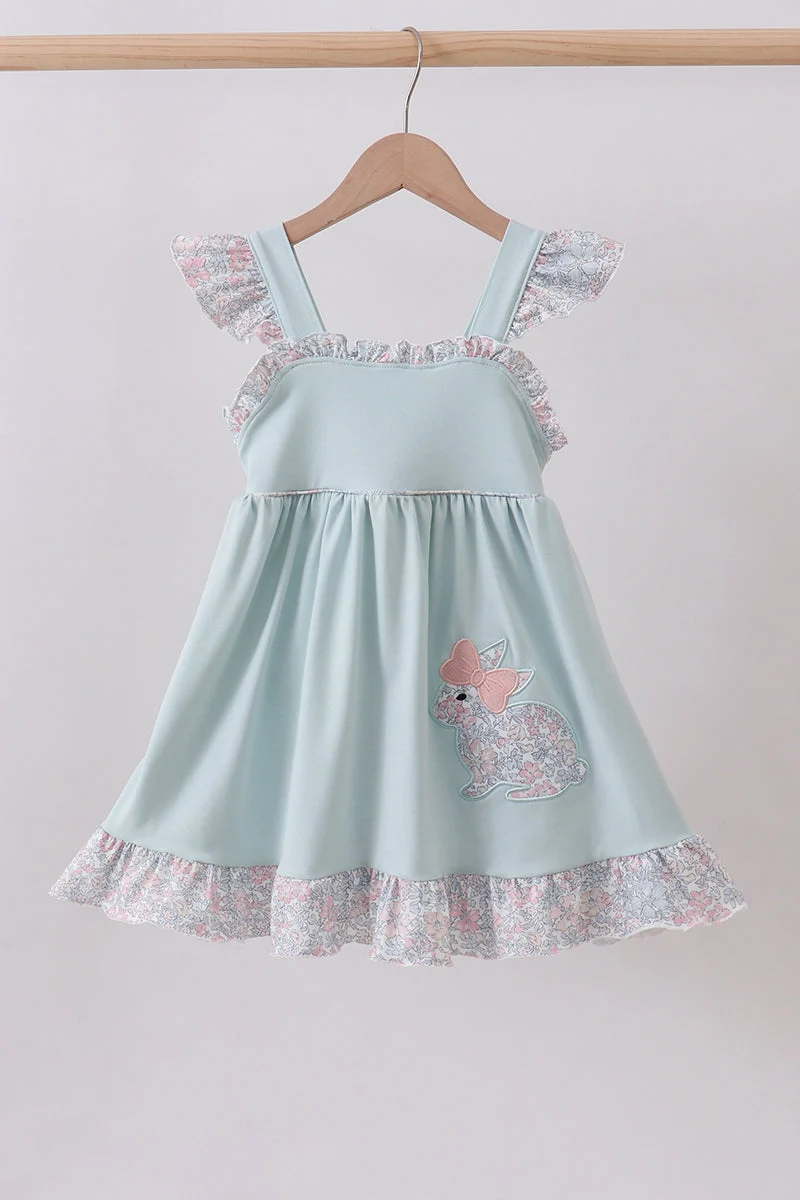 Comfortable Blue floral bunny applique ruffle dress Minimalist