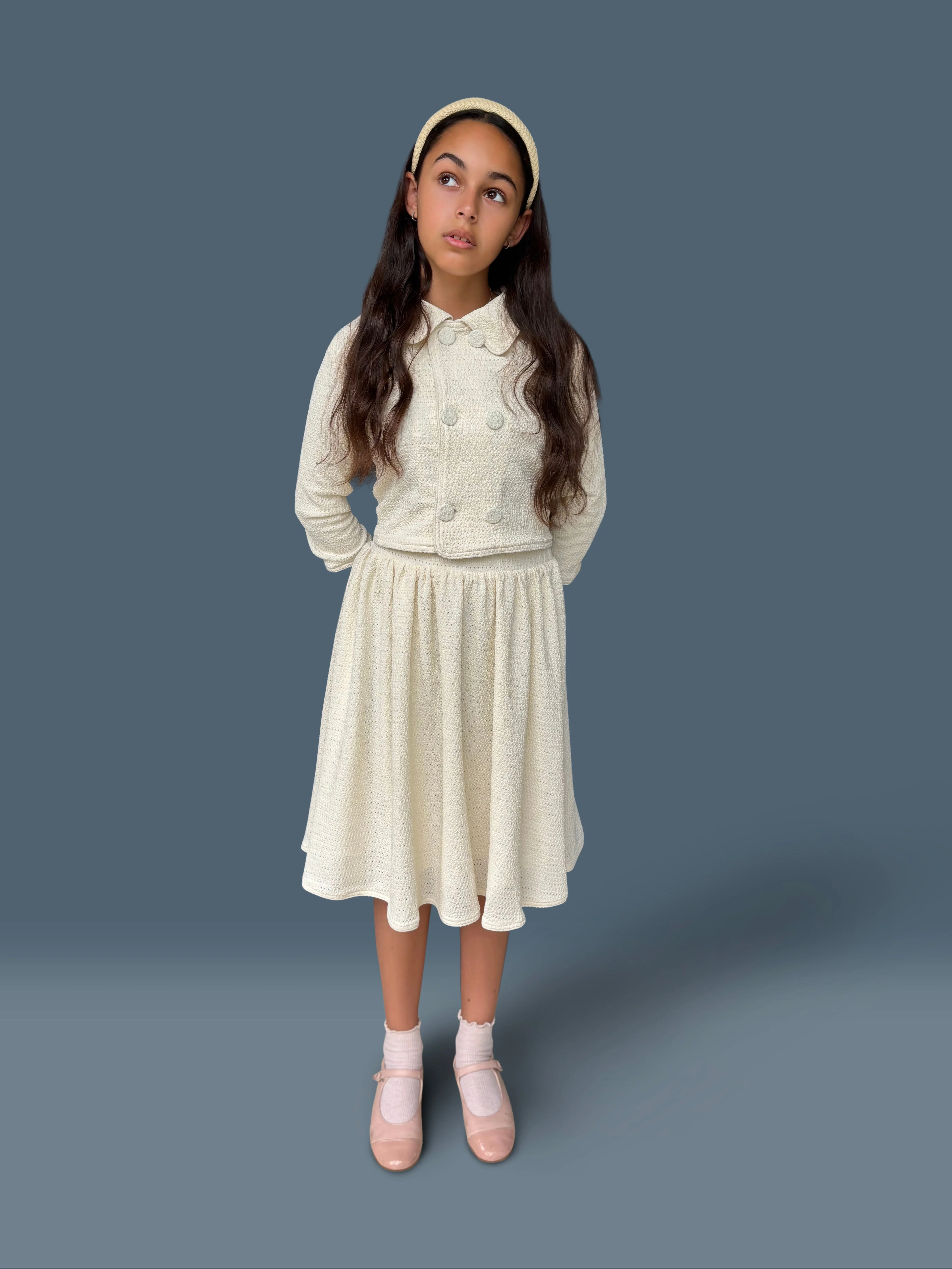 Carefully Designed Cream Textured Knit Cropped Blazer Skirt Set_Girls High-Grade