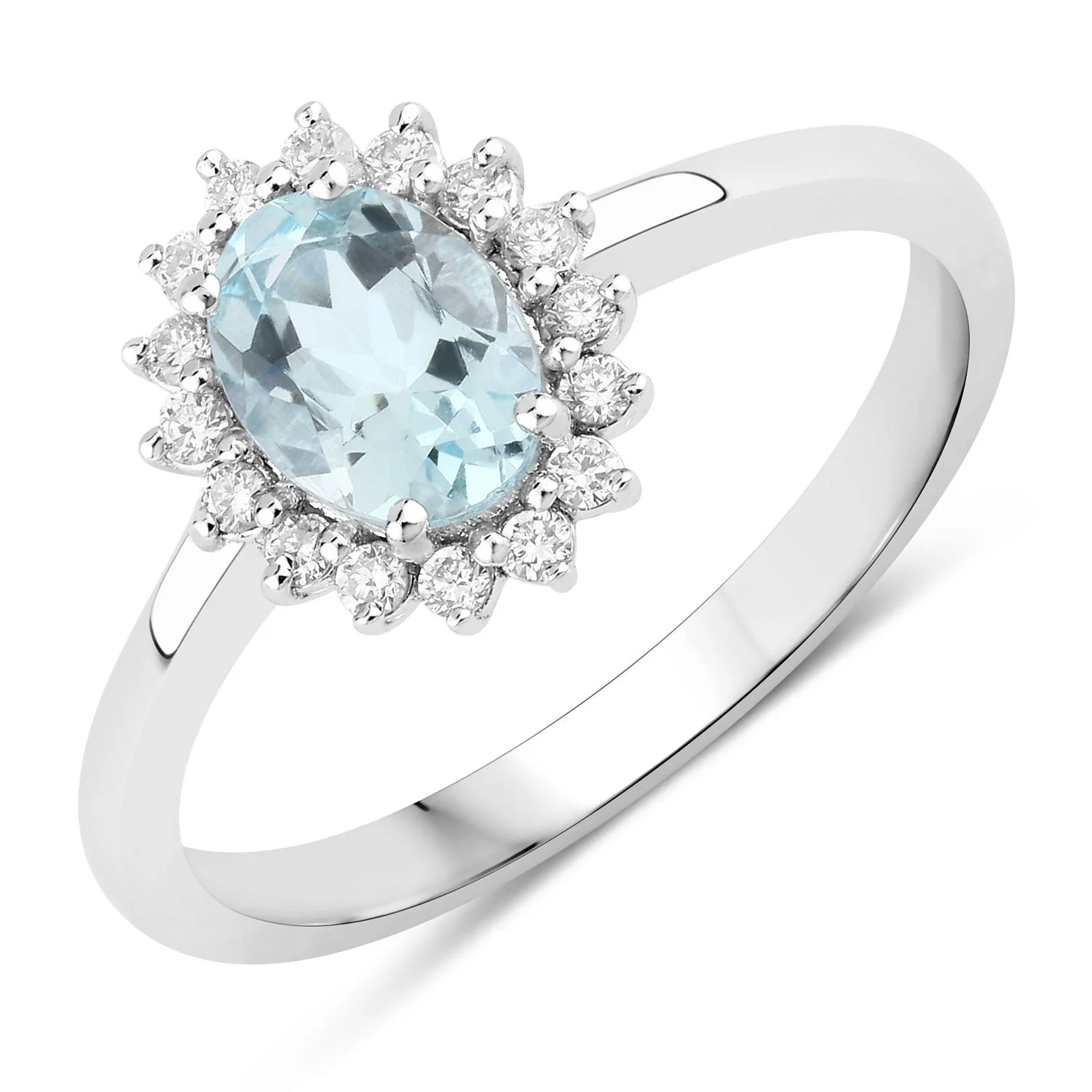 Advanced 0.60 Ct Oval Blue Aquamarine and Lab Diamond Prong Sterling Silver Halo Ring Recyclable