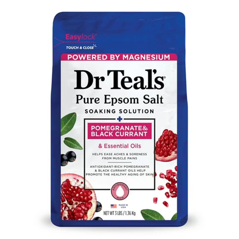 Easy-to-Use Dr Teals Pure Epsom Salt with Pomegranate and Black Currant for Relaxation and Moisturizing Skin 3lb 1.36kg Consistent