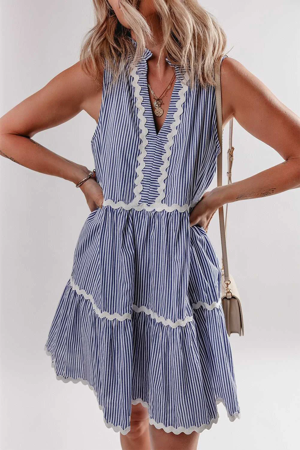 Casual Threaded Pear Macie Sleeveless Notched V Neck Ric Rac Dress Flexible