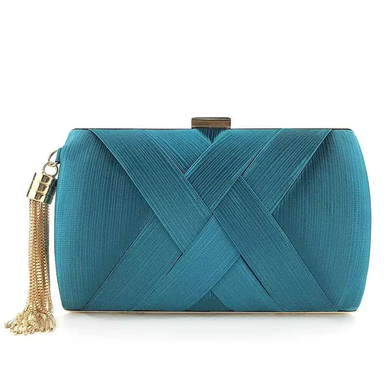World-Class Goldtone And Teal Clutch With Tassel Dependable
