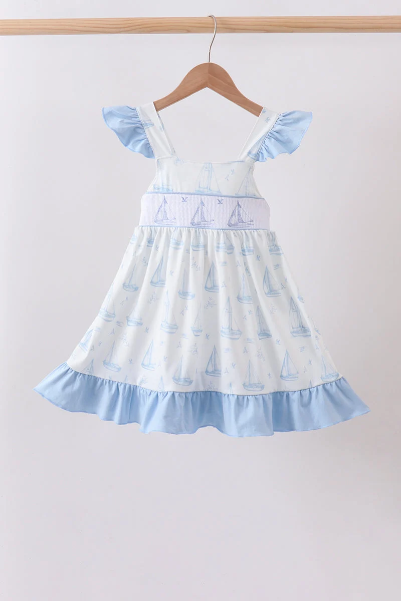 Versatile Blue Sailboat Smocked Ruffle Dress Fast