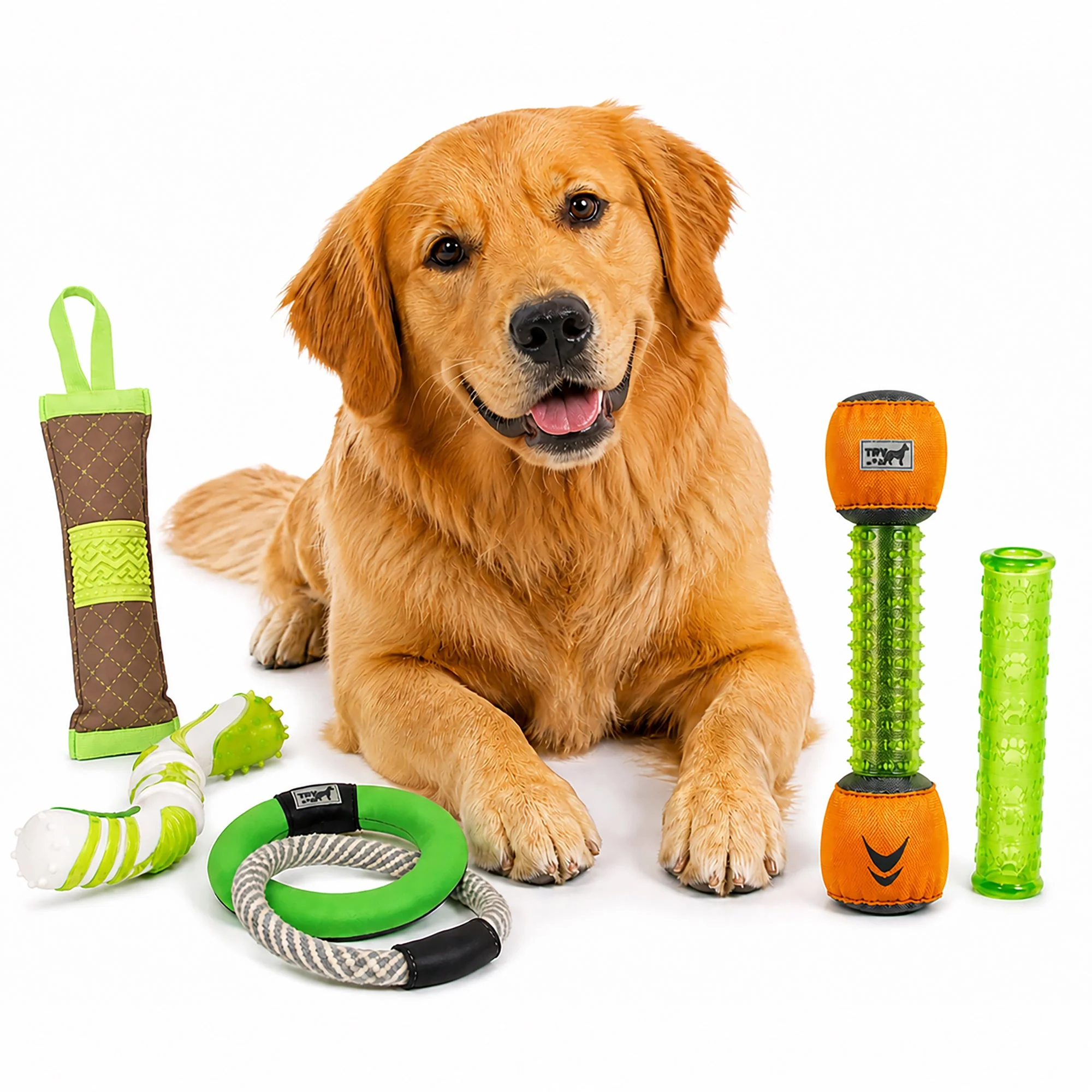 Flexible Pet Life ® 5-Piece Rugged Nylon and Rubber Plush Squeak Tug and Fetch Dog Toy Set Elite