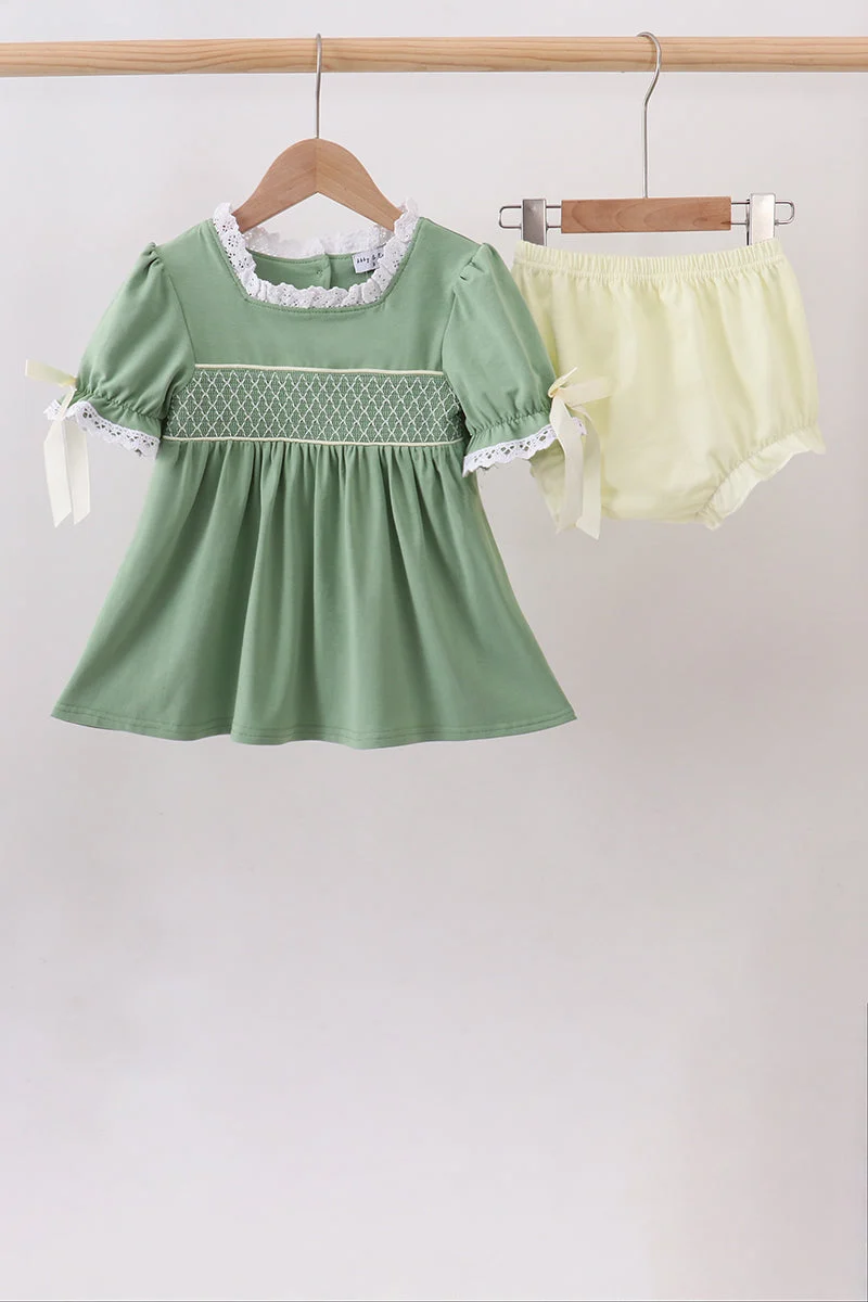 Soft Sage collar smocked lace bloomer set Elite