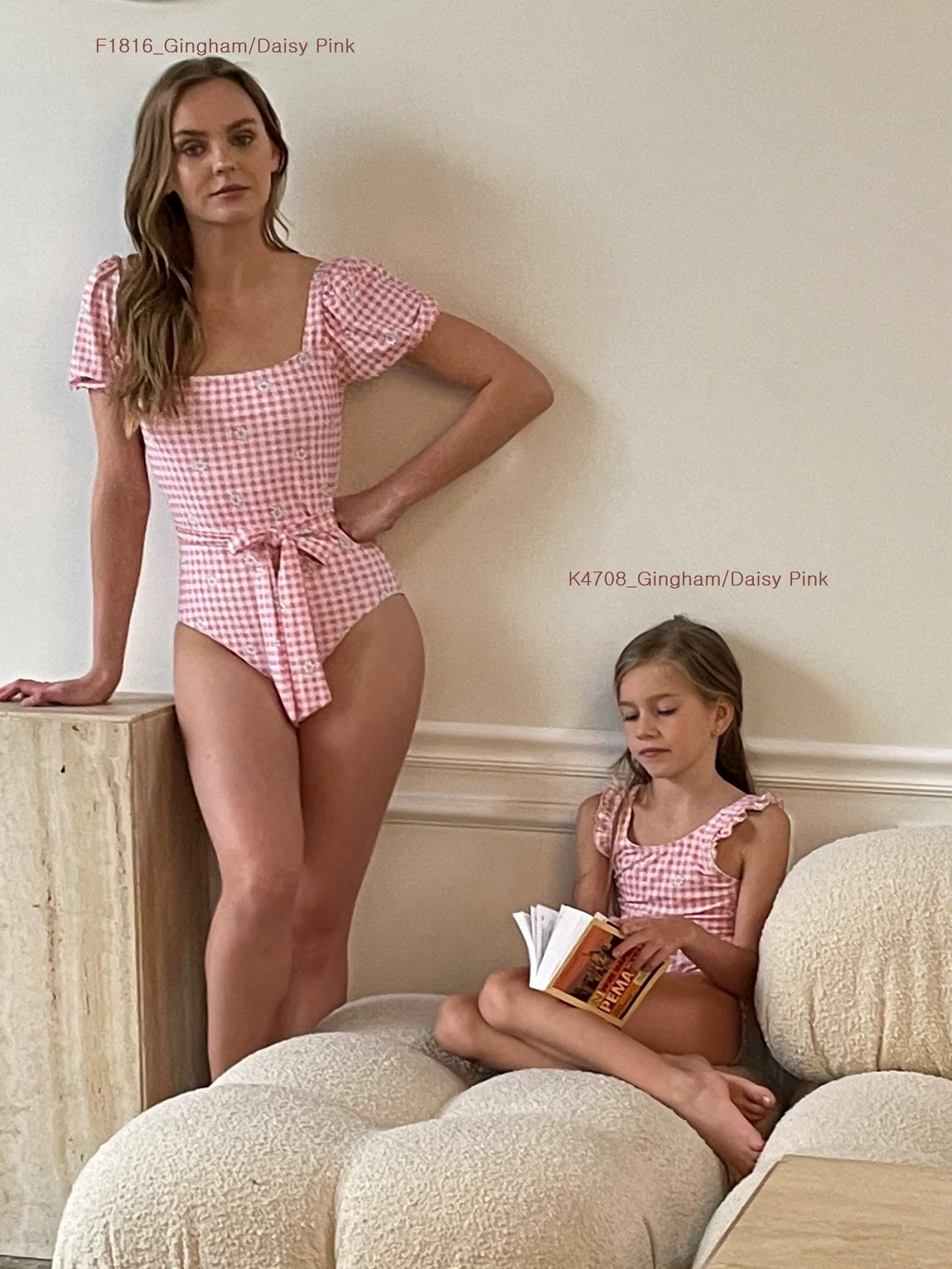 Long-Lasting Marina West Puff Sleeve One Piece Swimsuit F1816 - Gingham Daisy Pink Fashionable