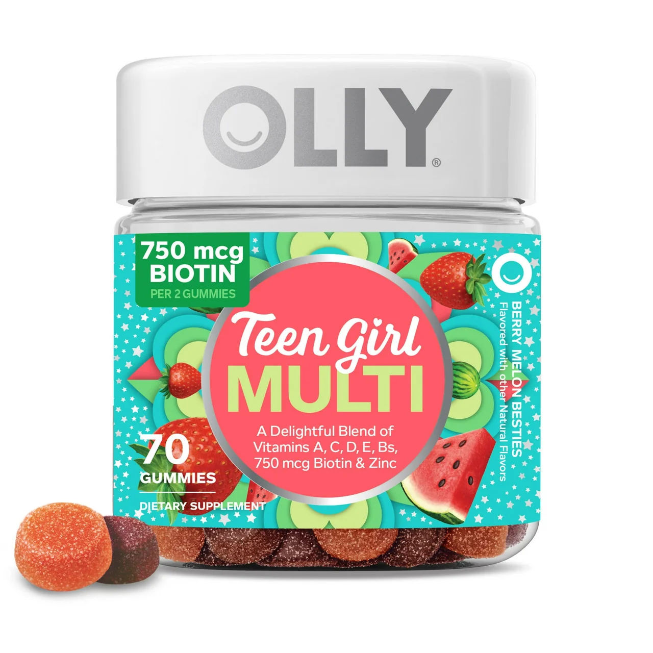 Smart Olly Teen Girl Multivitamin Gummies Biotin and Antioxidants Berry Melon Flavor 70 Ea Unique