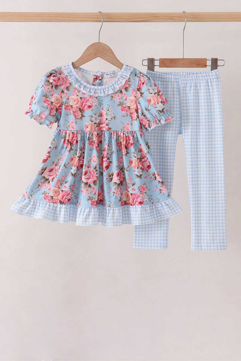 Unique Blue Rose Floral Ruffle Pants Set Top-Quality