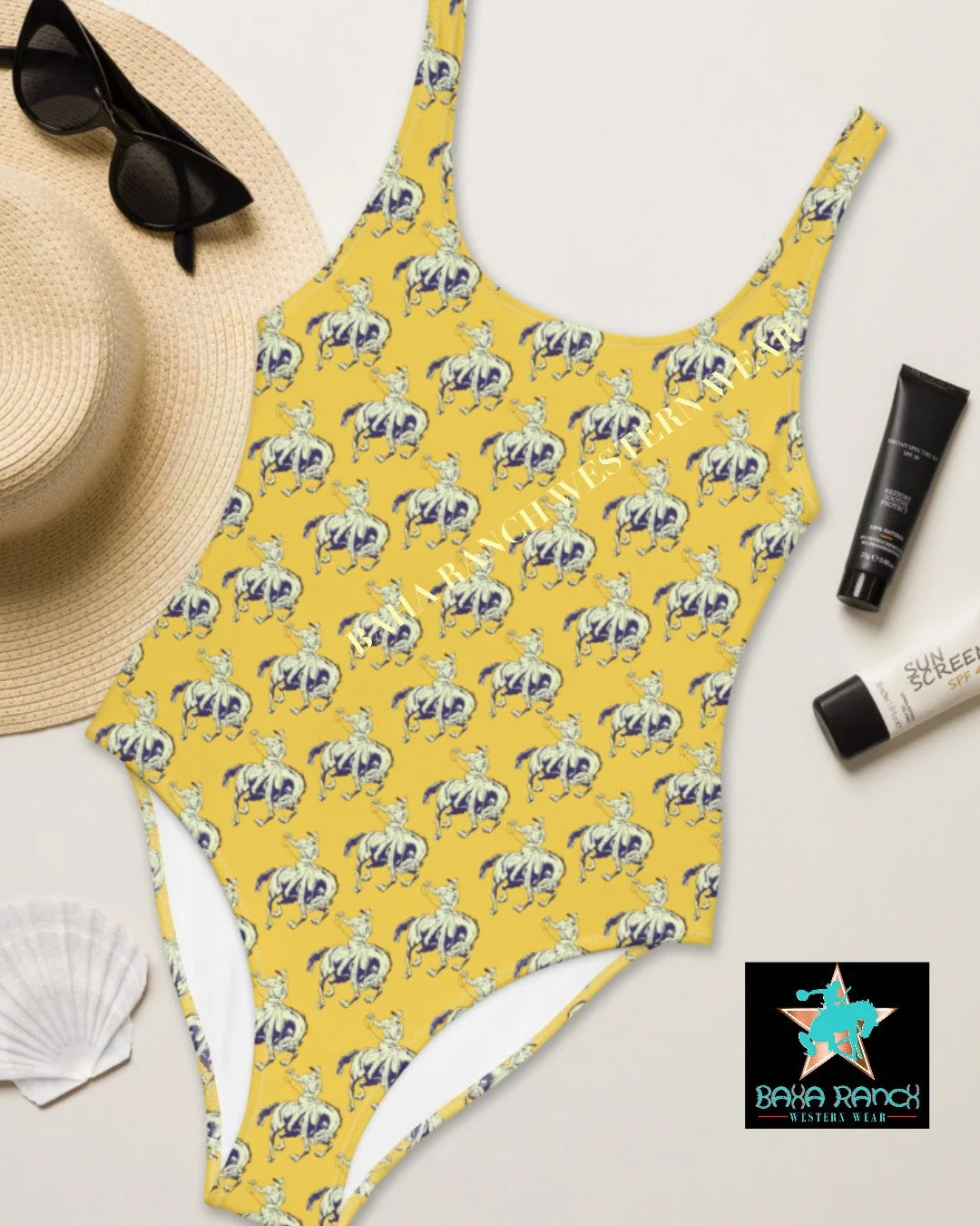 Casual Yeehaw Vintage Bronc Buster One-Piece Swimsuit Detailed