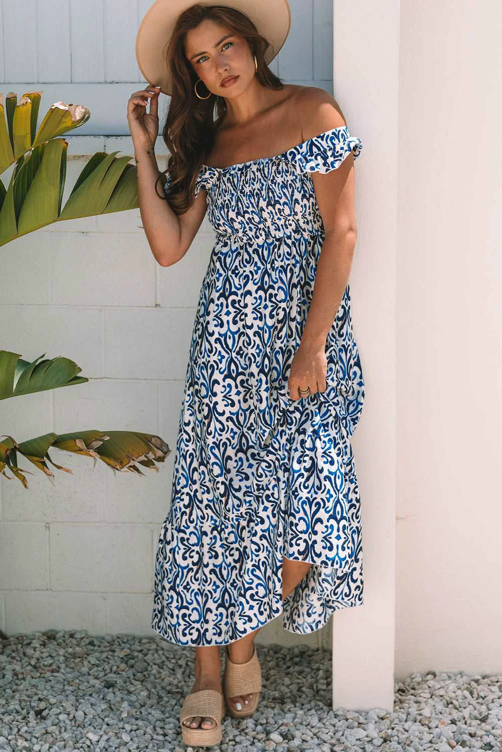 Carefully Designed Threaded Pear Malka Boho Smocked High Waist Maxi Dress Authentic