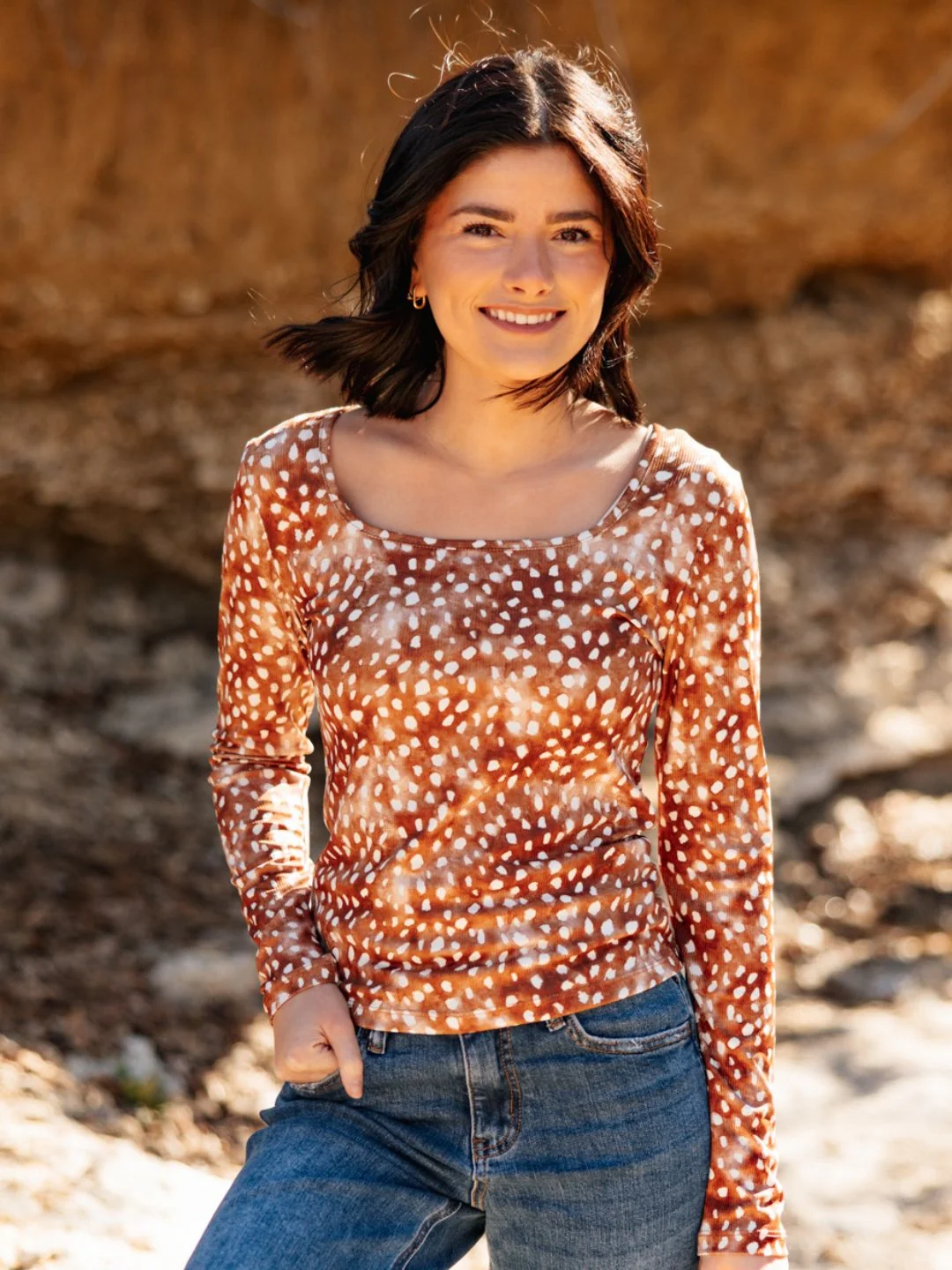 Practical Square Neck Long Sleeve Deer Print Secure
