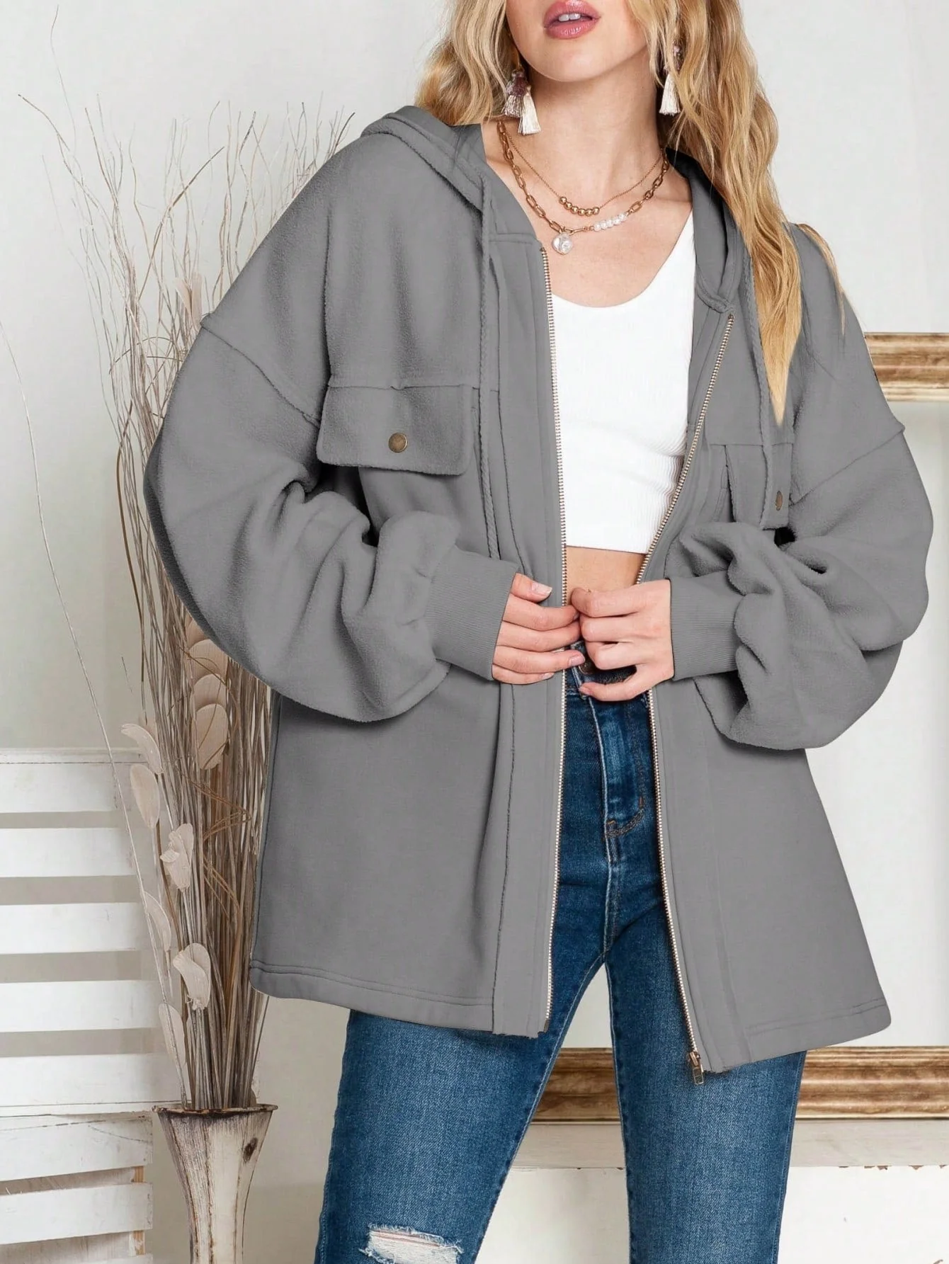 Durable Boho Retro 90's Oversized Puff Bishop Drop Shoulder Sleeve Pocket Front Zip Up Cotton Canvas Inside Out Hooded Jacket High-Performance