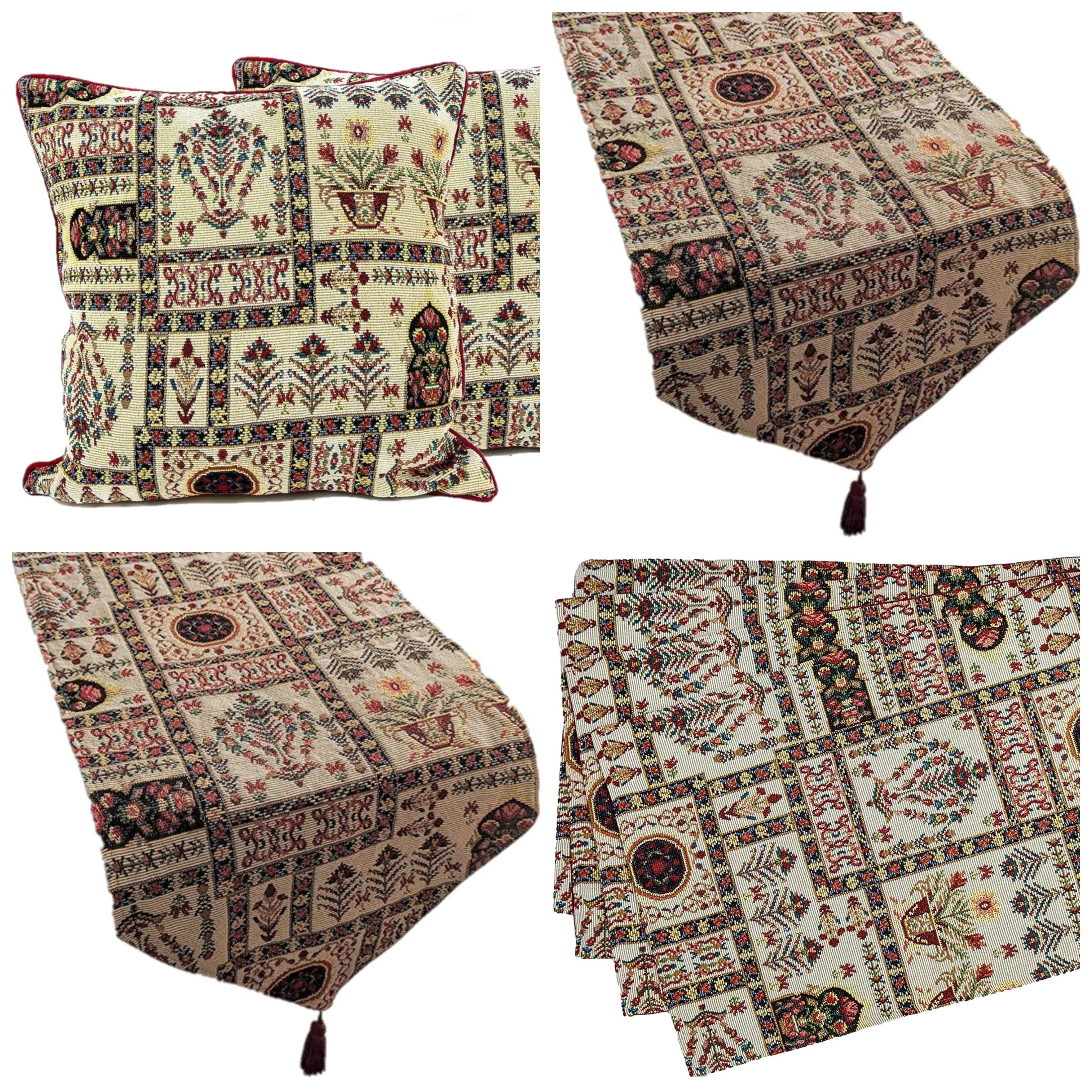 Excellent DaDa Bedding Set of 8 Pieces Light Botanical Mughal Floral Table Woven Tapestry - 4 Placemats 2 Table Runners 2 Throw Pillow Covers 18196 Convenient