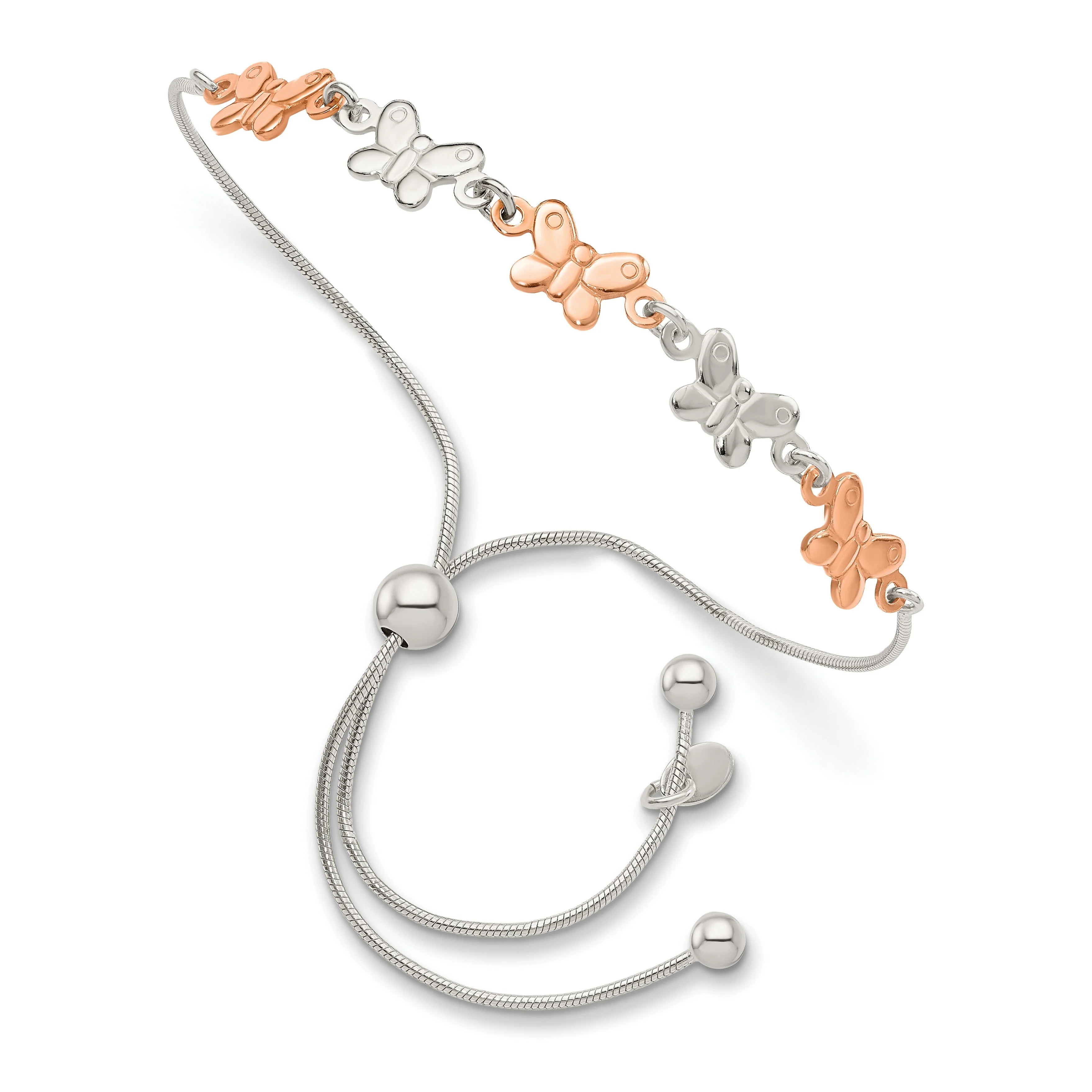 Superior Two-Tone Rhodium and Rose Gold Plated Silver Alternating Butterfly Link Adjustable Slider Bolo Bracelet High-Grade