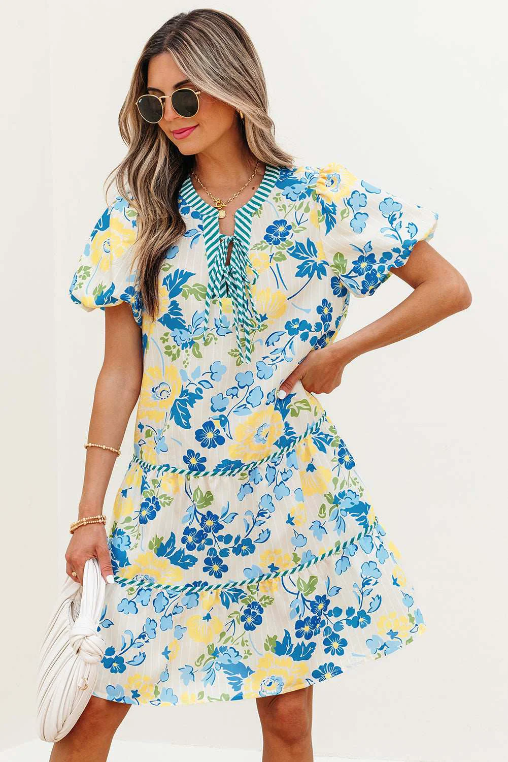 Authentic Threaded Pear Payton Floral Striped Trim Puff Short Sleeve Dress Advanced
