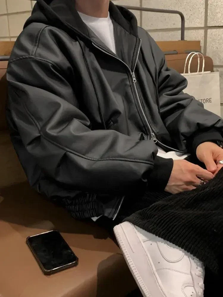 Flexible Men's Hooded Leather Jackets Smooth