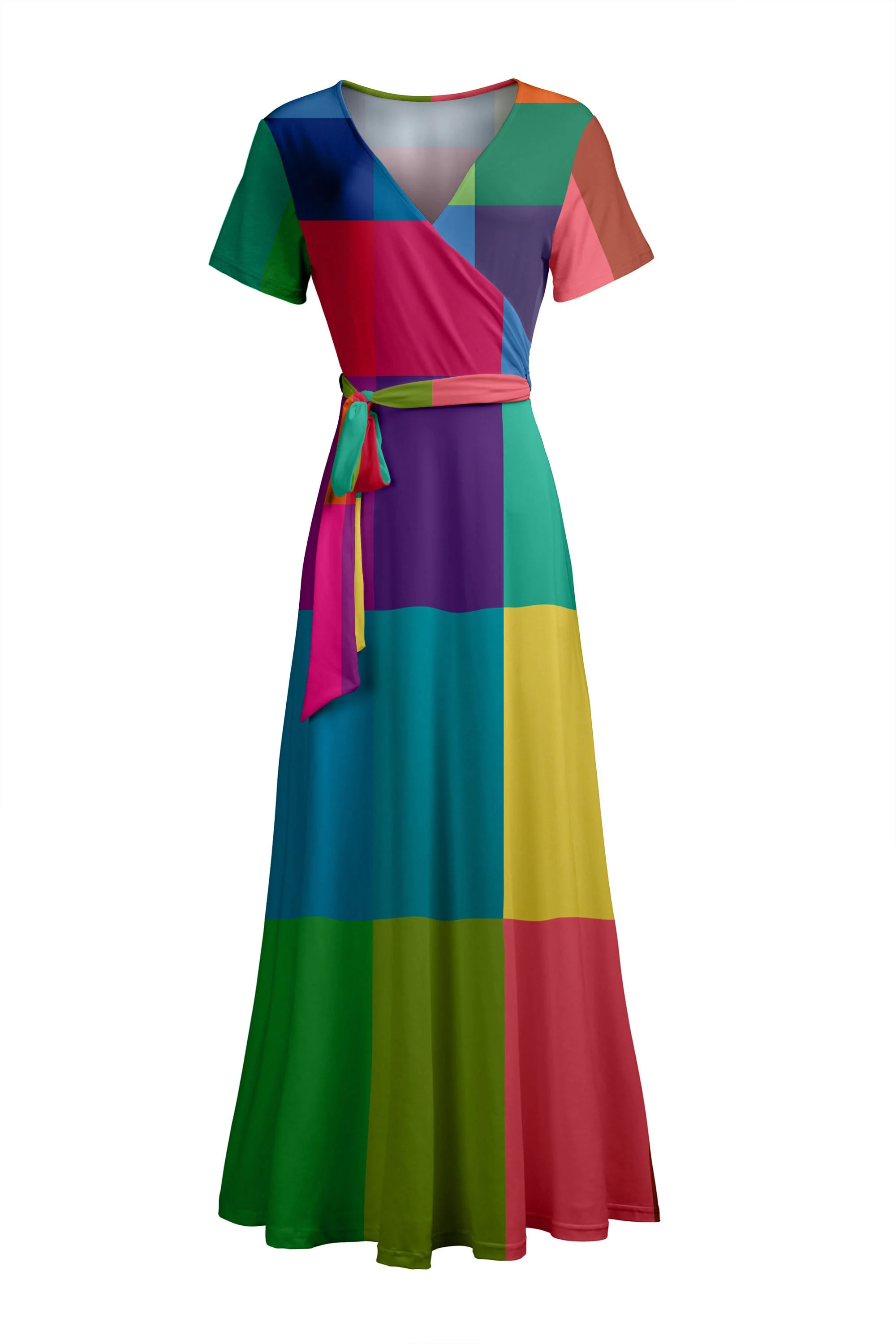 Stylish Lily by Firmiana Women's Short Sleeve Wrap-Style Maxi Dress with Tie Multicolor Block Wrap Modern