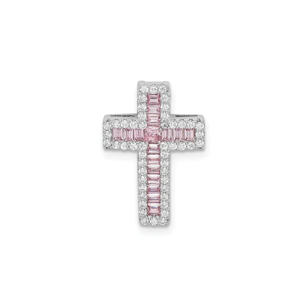 Refined Pink and White CZ Cross Chain Slide Cross Pendant Prestigious