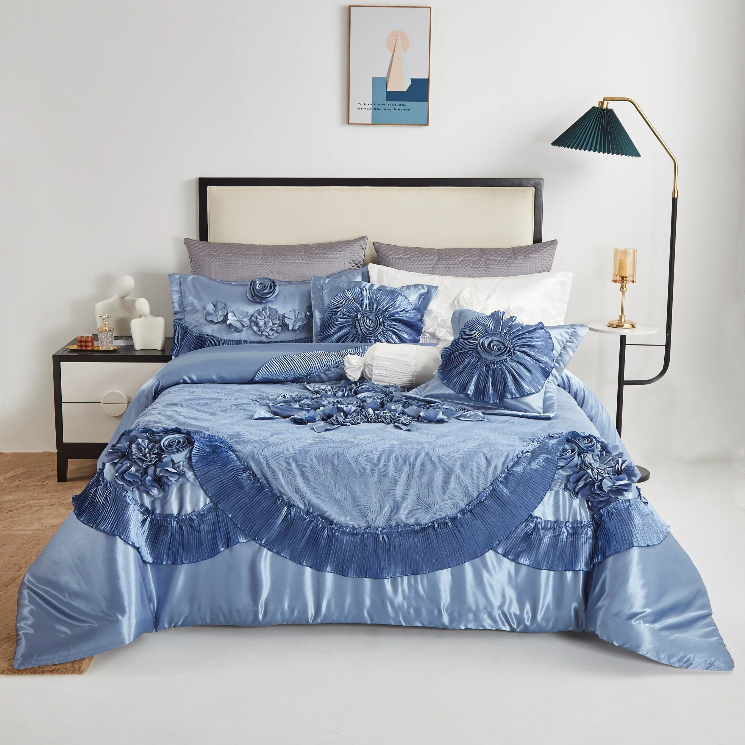Advanced Tache Satin Floral Lace Ruffle Sweet Victorian Luxurious Blue Comforter Set MZ002B Soft