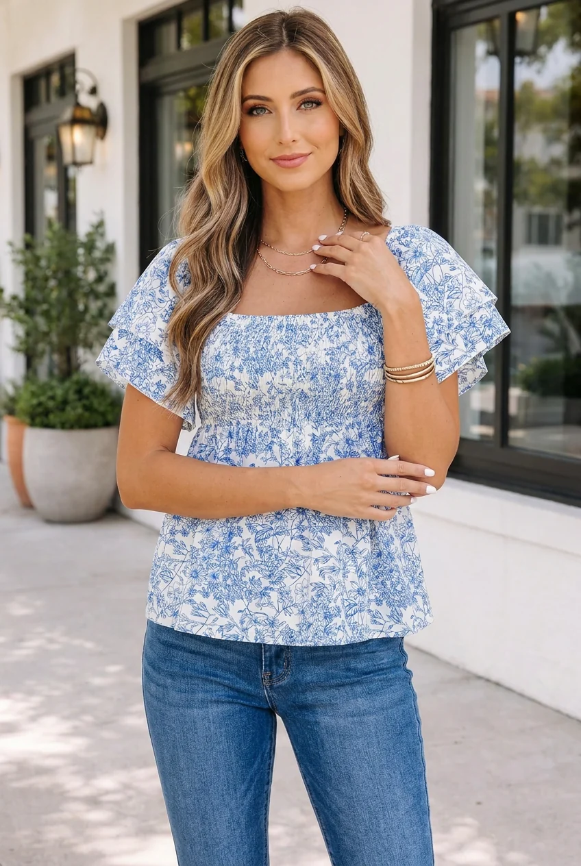 Crafted Threaded Pear Sky Blue Floral Print Square Neck Ruffled Sleeve Shirred Babydoll Blouse Quality
