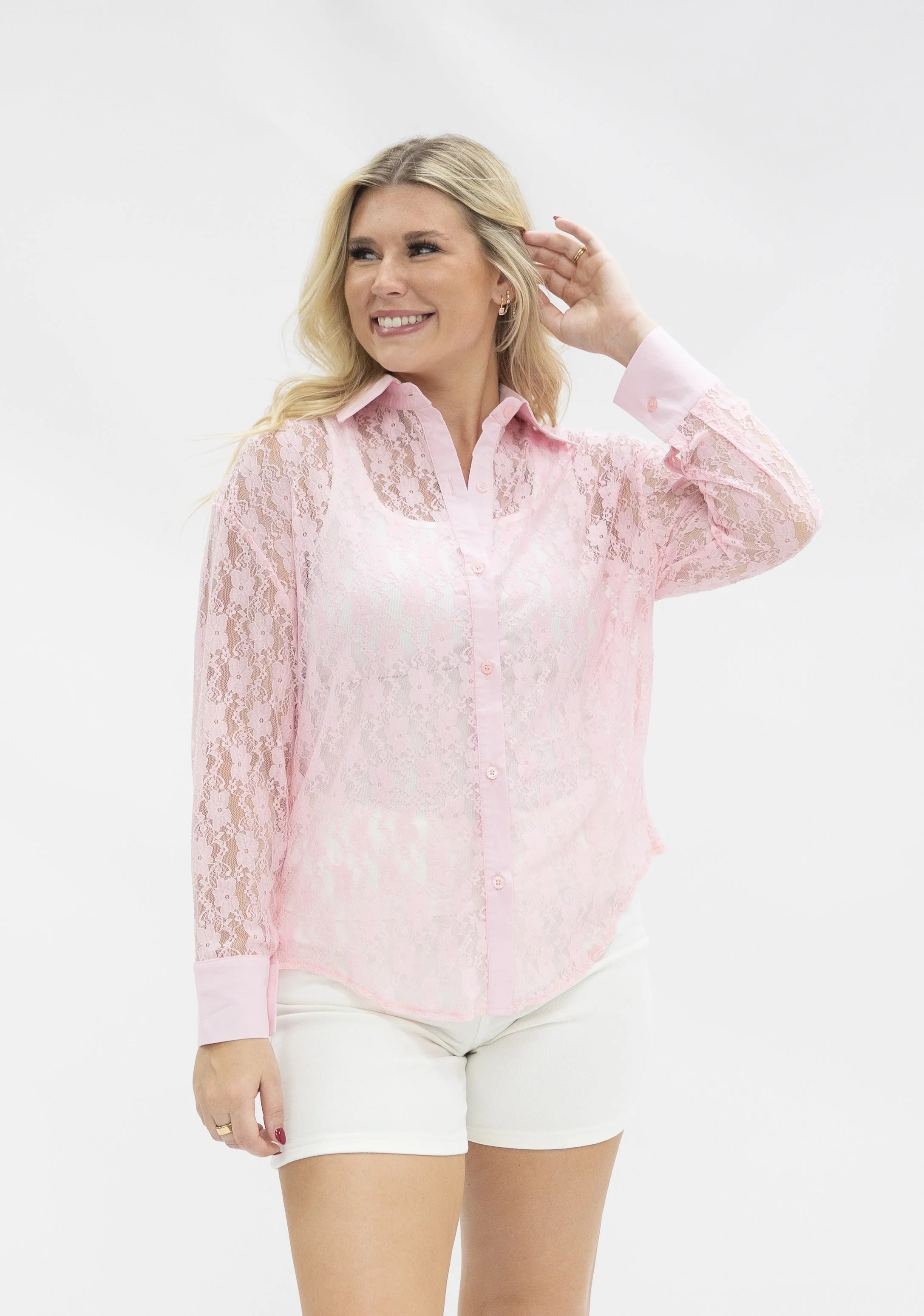 Elegant Kathryn Classic Button-Up Light Pink Lace High-End