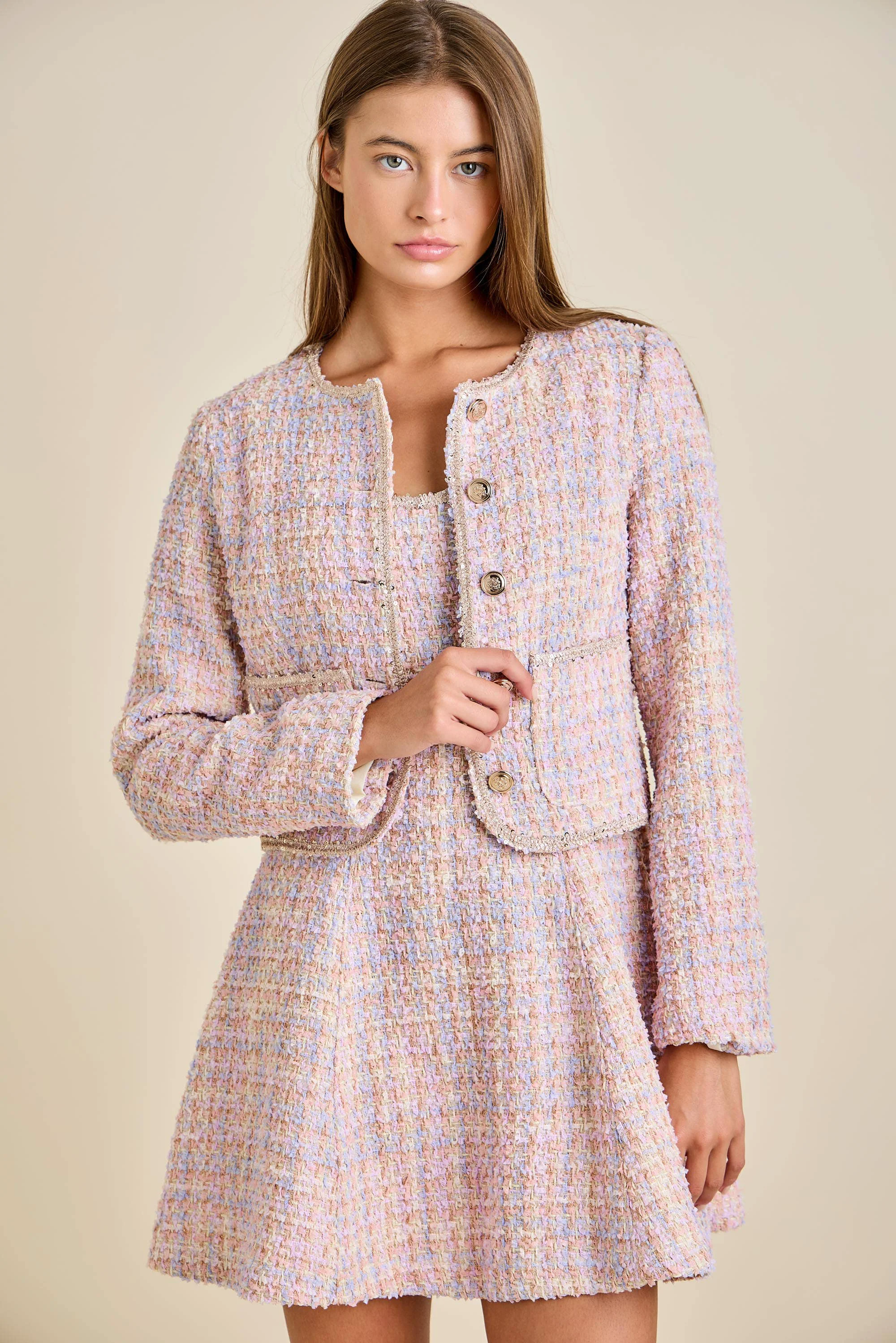 Classic Sloane - Pastel Sequin Braid Detailed Round Neck Tweed Jacket Mini Dress Set Authentic