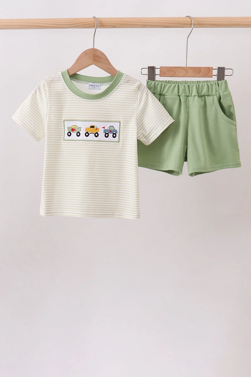 Traditional Monster truck embroidery stripe shorts set Solid