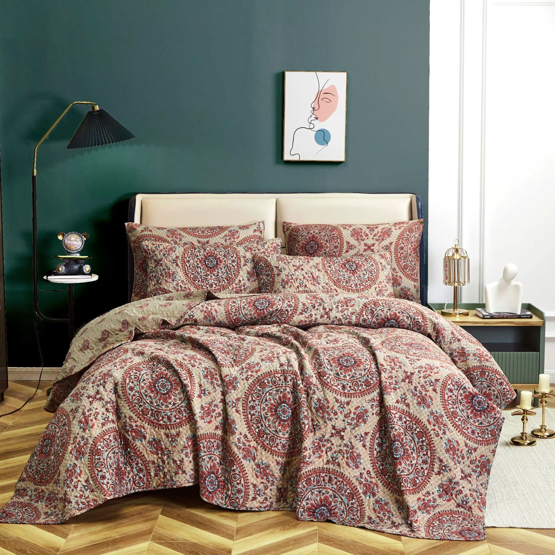 Elegant Tache Bohemian Desert Medallion Boteh Paisley Orange Blue Taupe Quilt Set TJ3502 Excellent